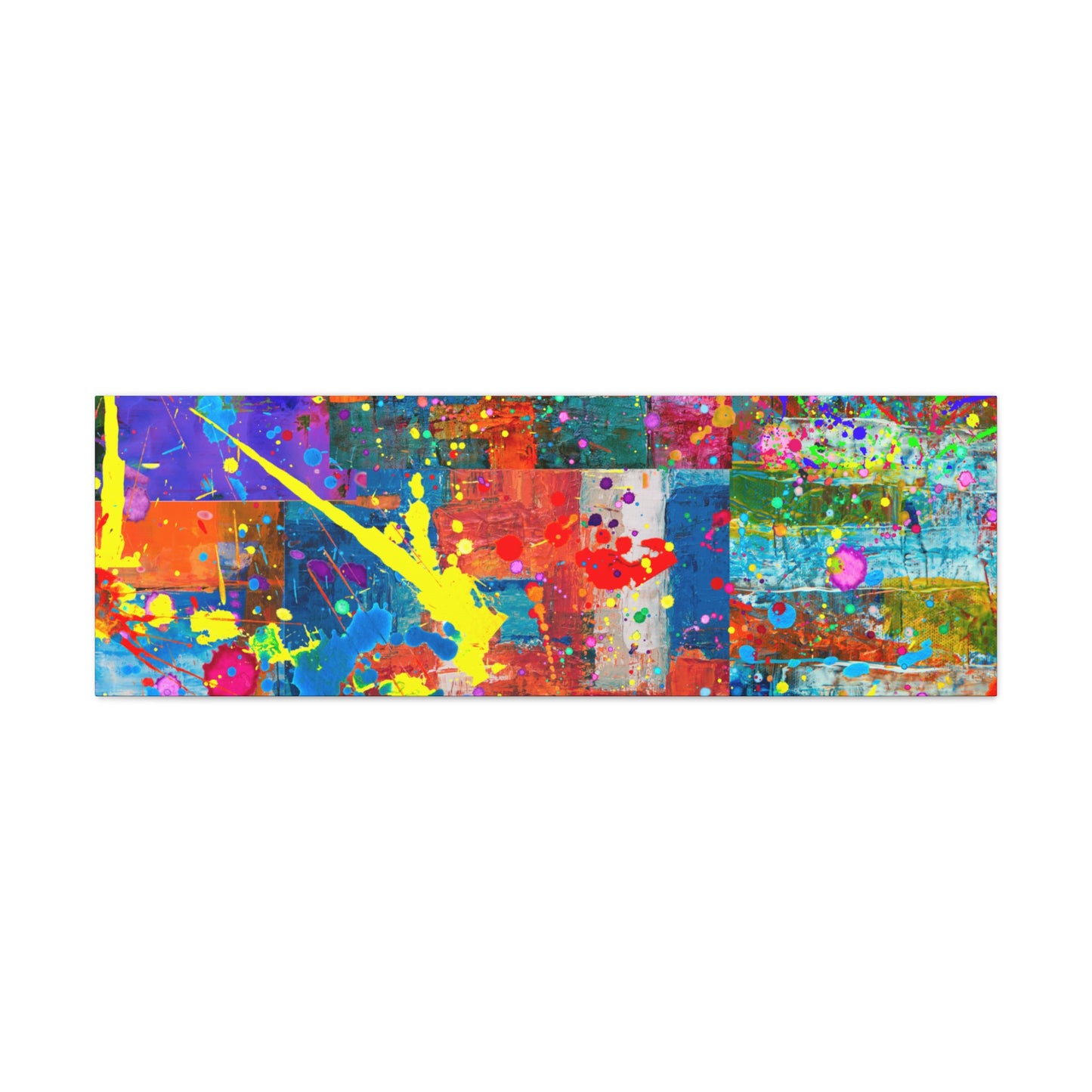 Vivid abstract patchwork art canvas print featuring colorful splashes and dynamic patterns