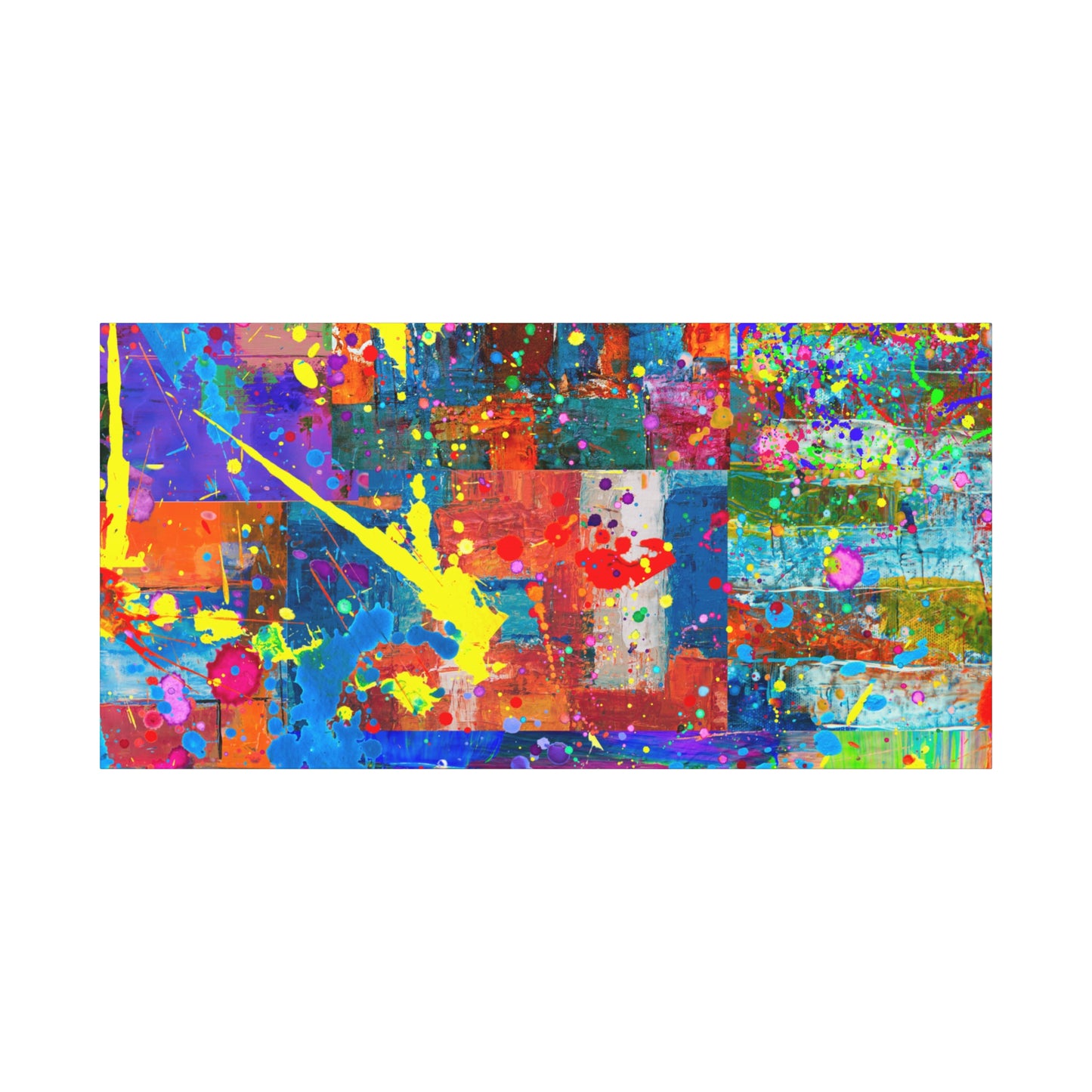 Vivid abstract patchwork art canvas print featuring colorful splashes and textures for vibrant home decor