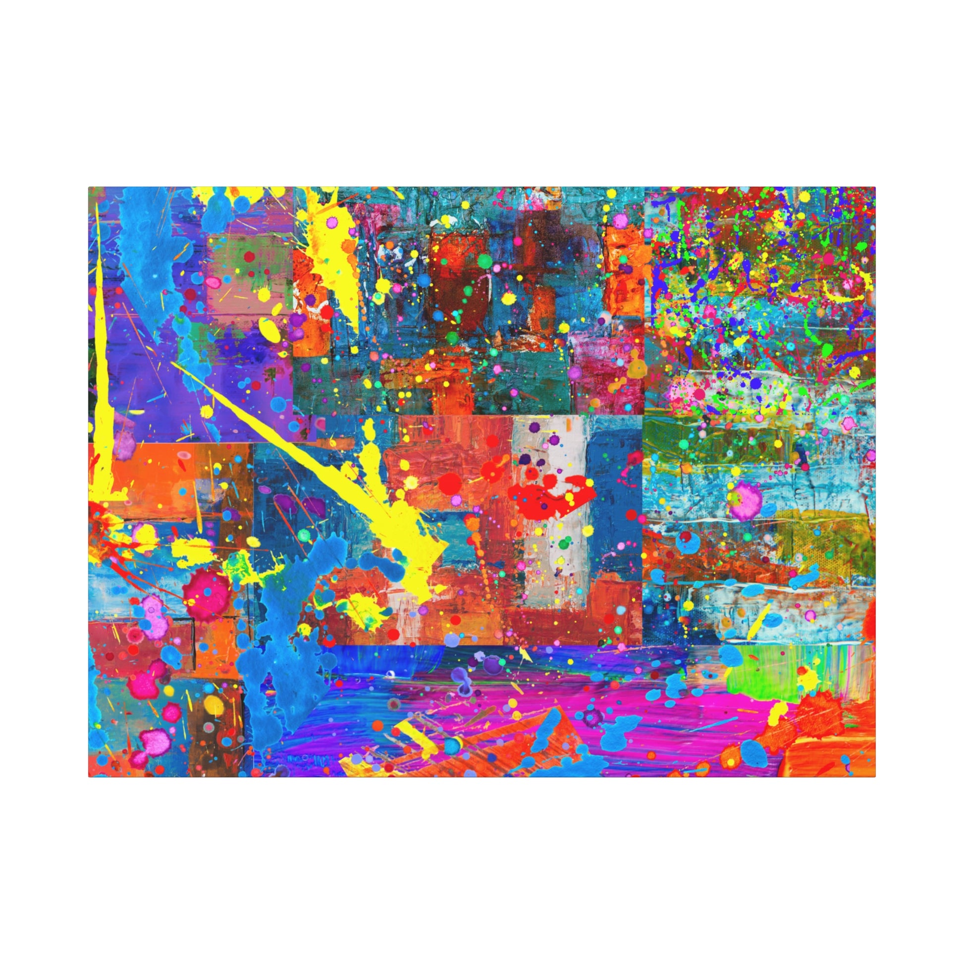 Vivid abstract patchwork art canvas print in bright colors with unique patterns and textures