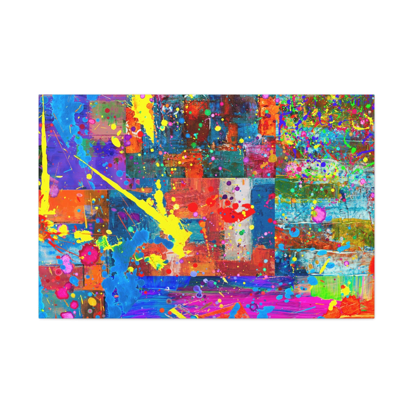 Vivid abstract patchwork art canvas print featuring bright colors and dynamic patterns