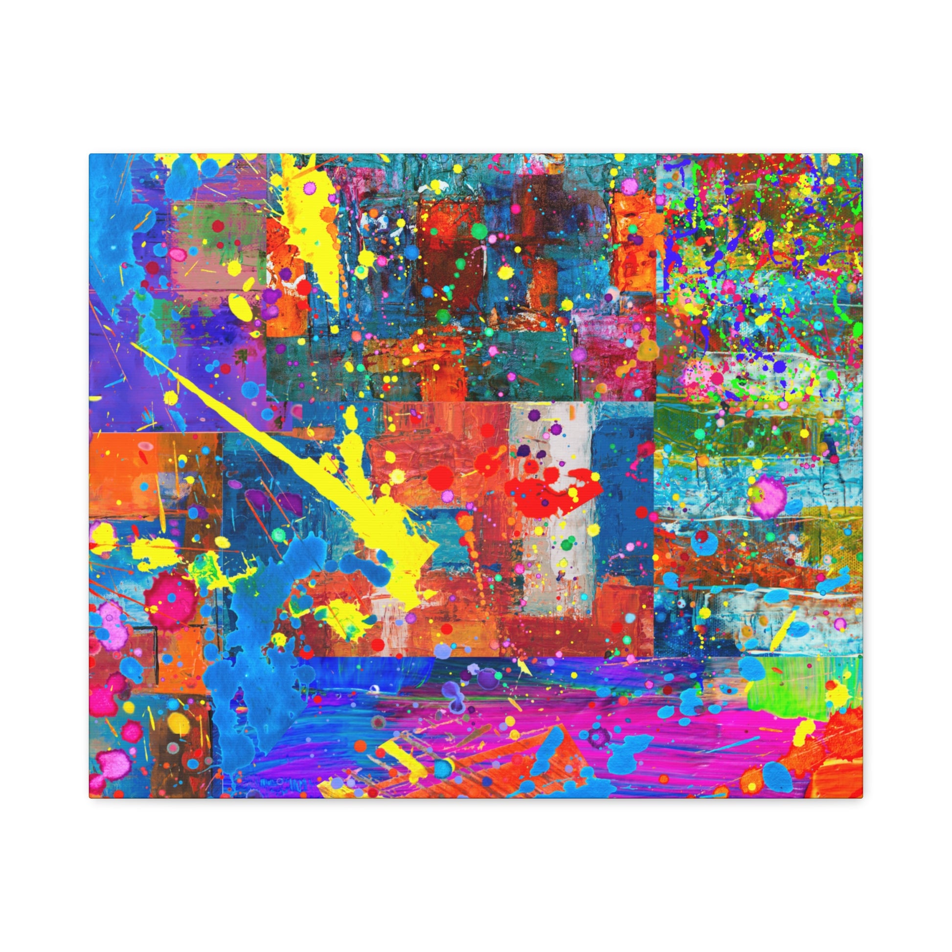 Vivid abstract patchwork art canvas print featuring colorful splashes and dynamic patterns.