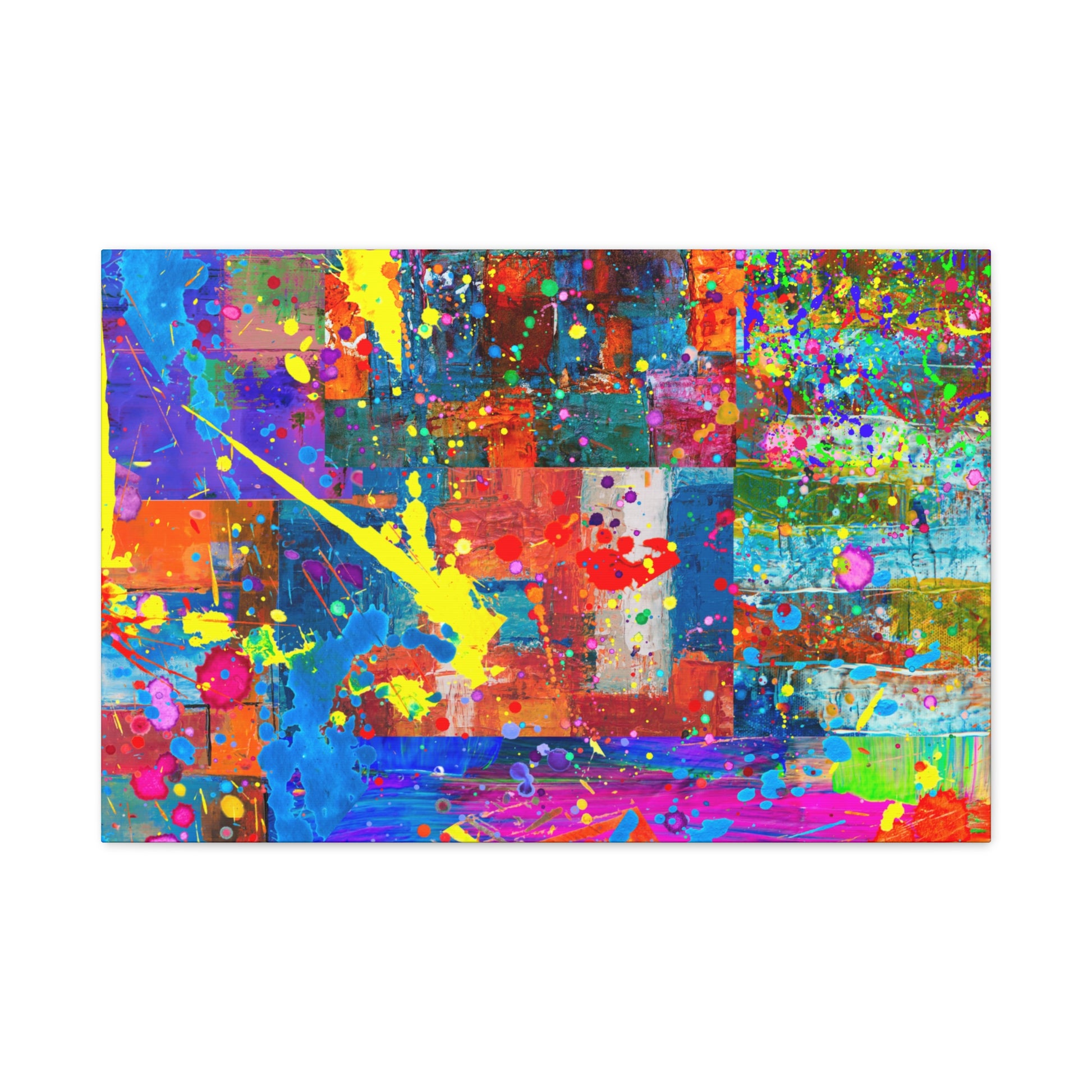 Vivid abstract patchwork art canvas print featuring vibrant colors and dynamic patterns for modern decor