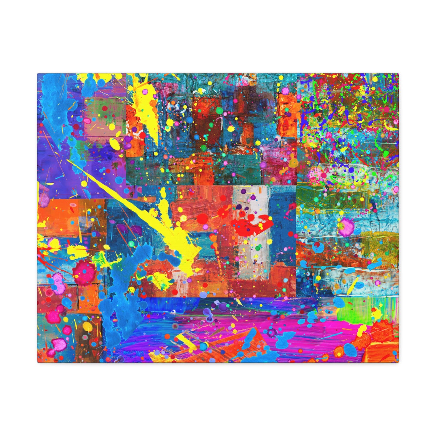 Vivid abstract patchwork art canvas print with bright colors and splashes for vibrant decor