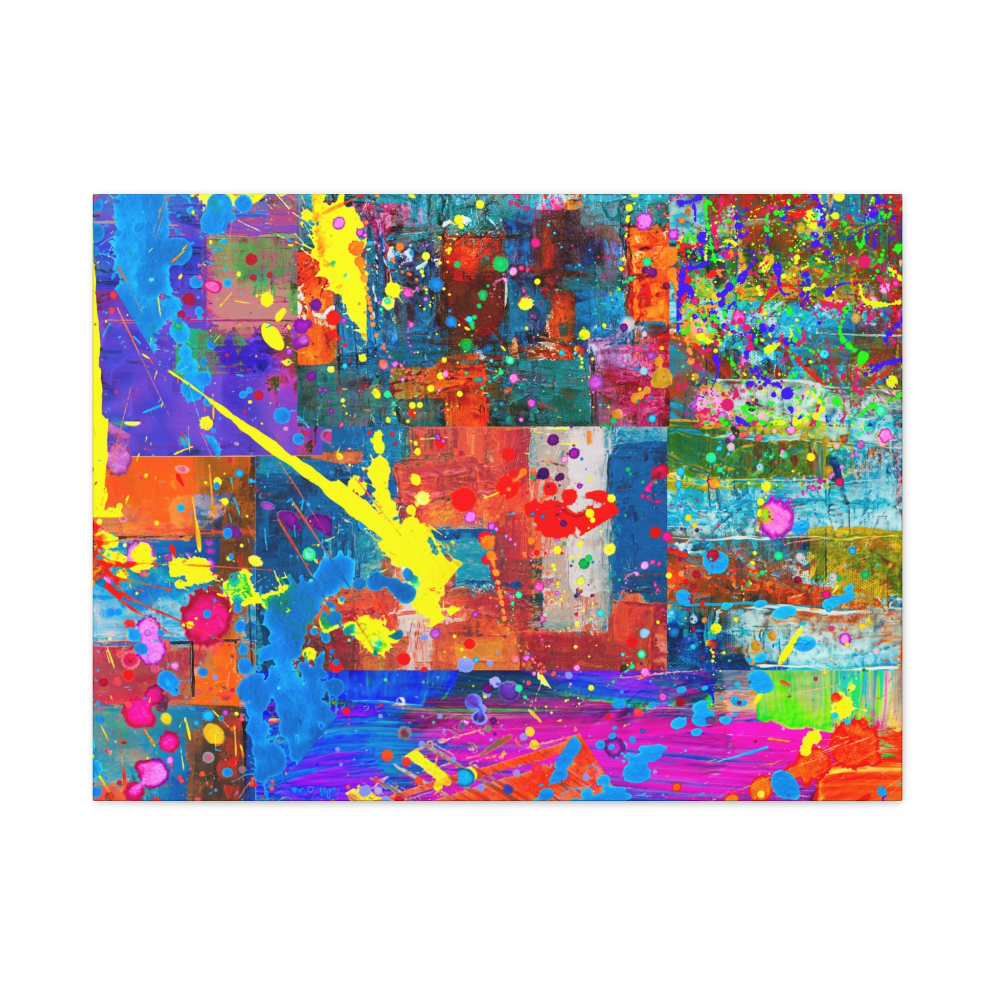 Vivid abstract patchwork art canvas print featuring colorful patterns and textures