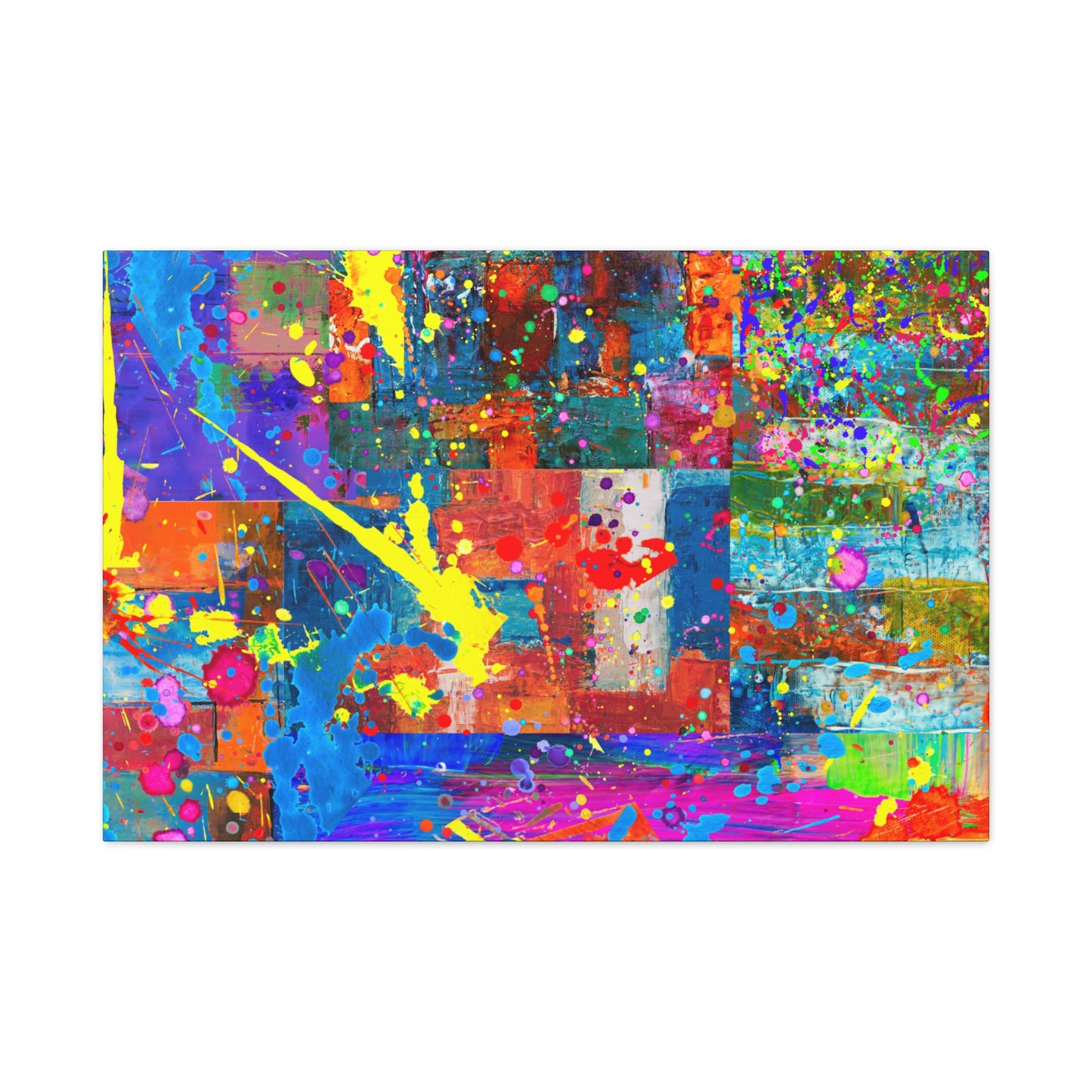 A Vivid abstract patchwork art canvas print featuring bright colors and dynamic patterns