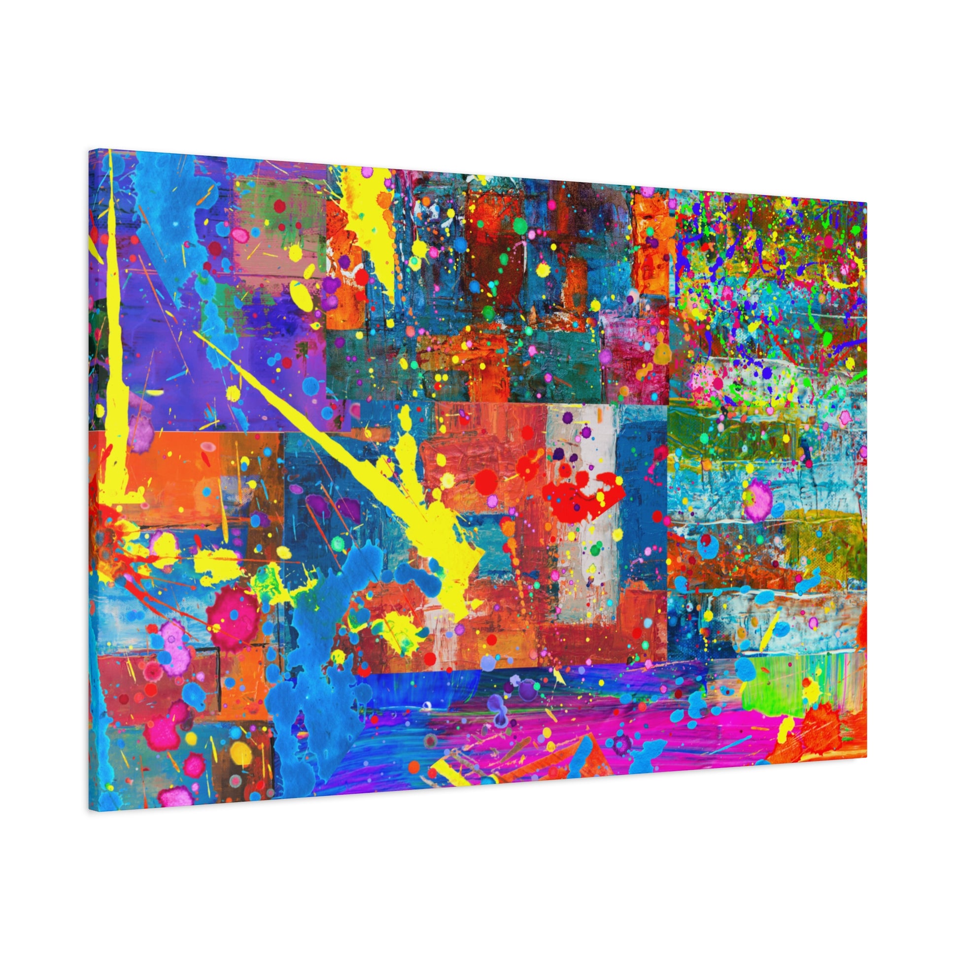 Vivid abstract patchwork art canvas print featuring colorful splashes and intricate designs