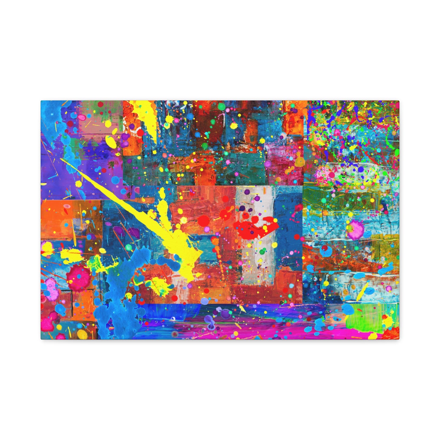 Vivid abstract patchwork art canvas print featuring colorful splashes and geometric designs