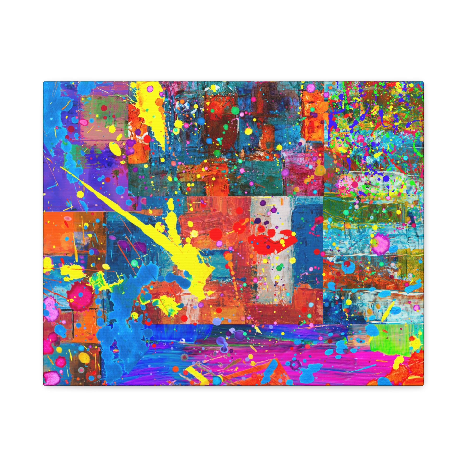 Vivid abstract patchwork art canvas print featuring vibrant colors and dynamic shapes