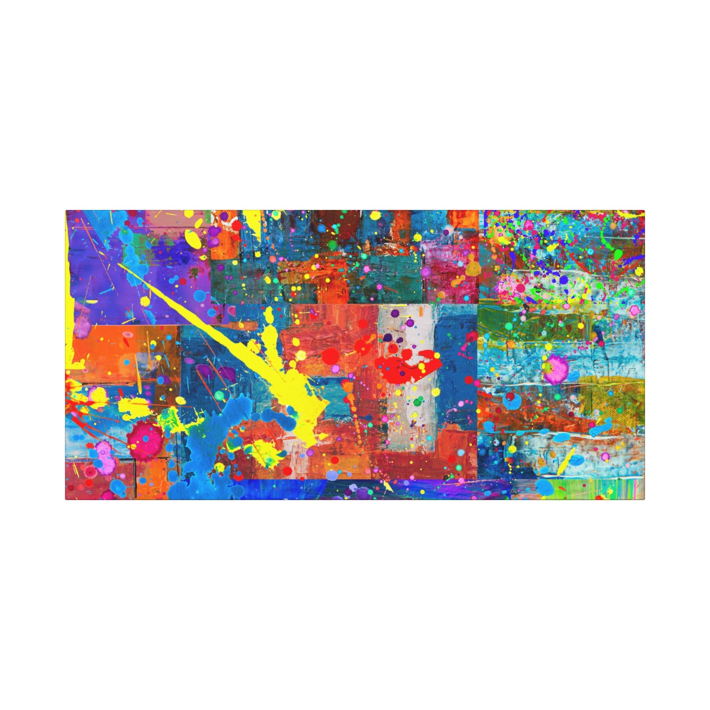 Vivid abstract patchwork art canvas print featuring vibrant colors and dynamic splashes of paint