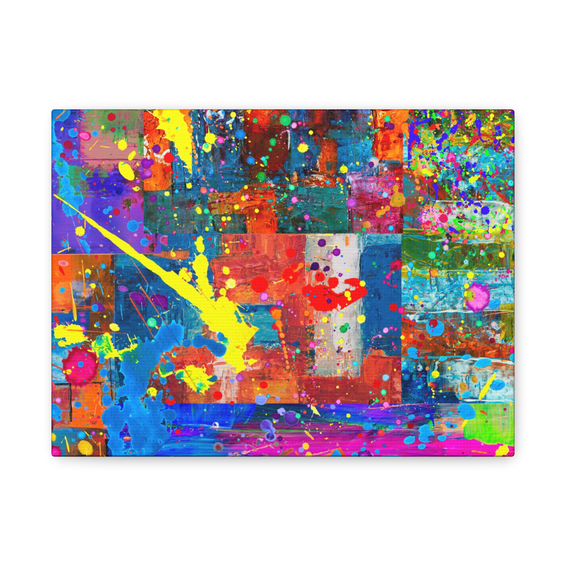 Vivid abstract patchwork art canvas print showcasing bright colors and dynamic shapes