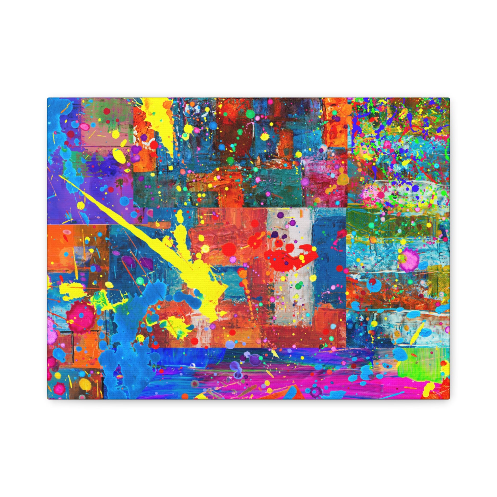 Vivid abstract patchwork art canvas print featuring colorful splashes and vibrant patterns.