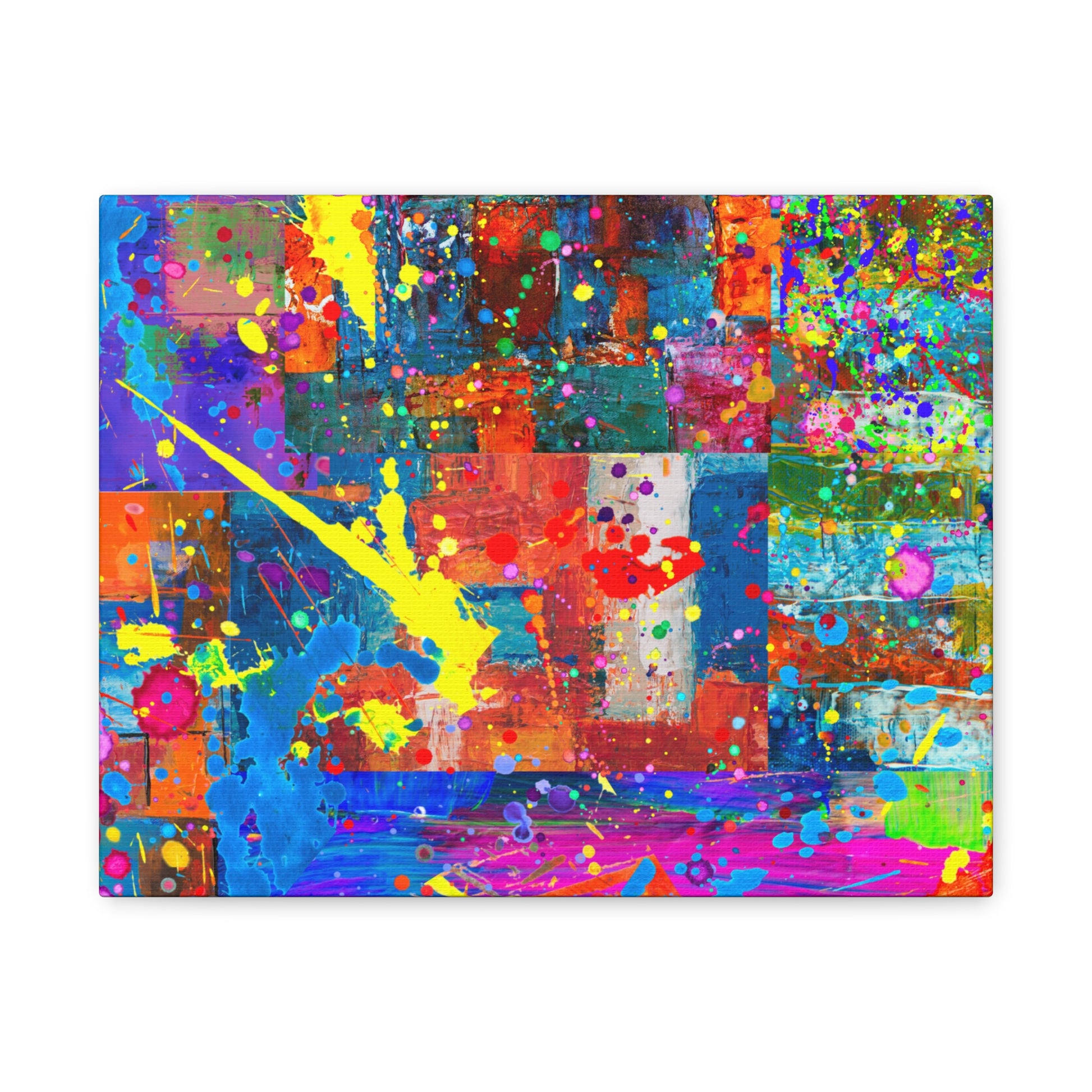 Vivid abstract patchwork art canvas print with bright colors and dynamic splashes for modern decor