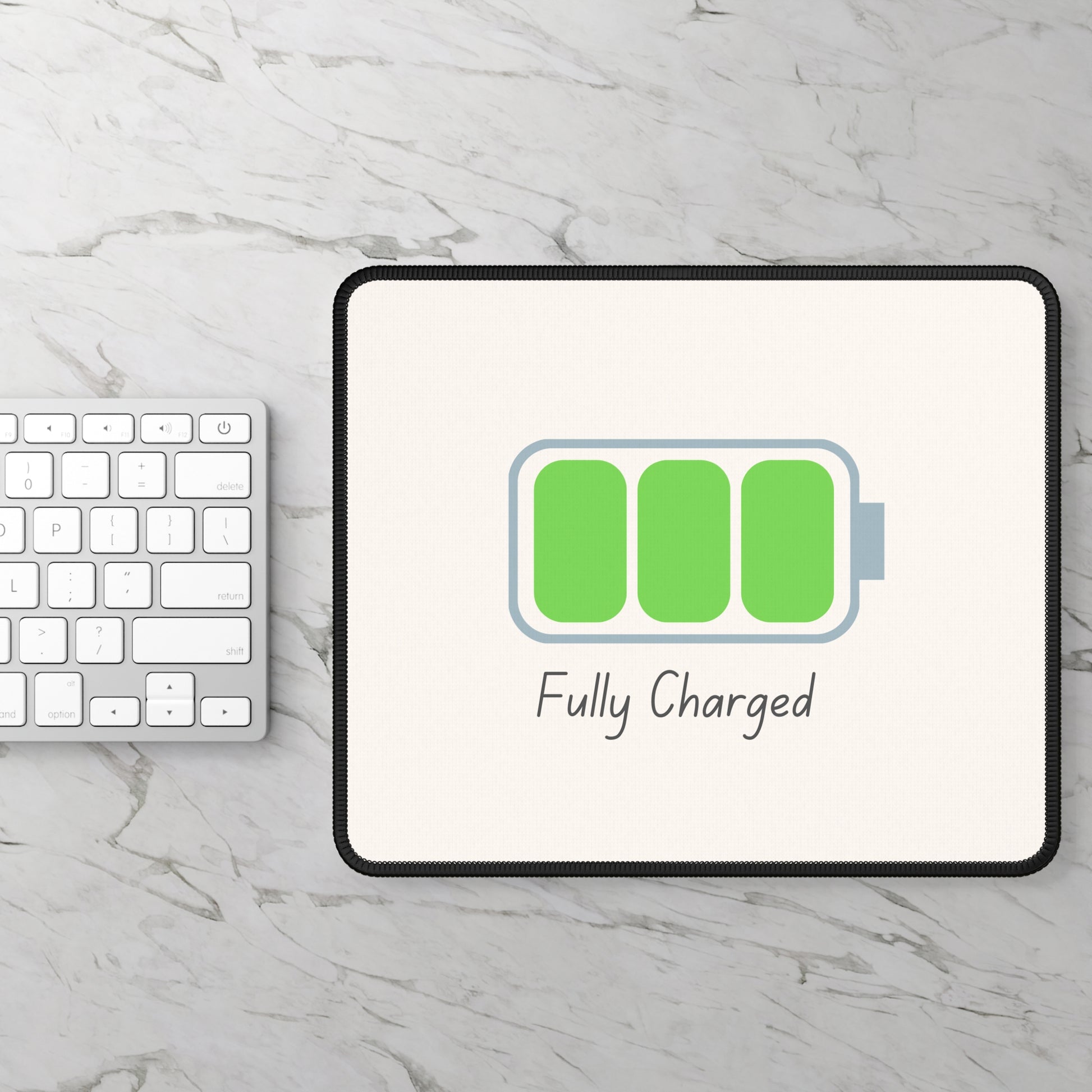 Printify fully charged gaming mouse pad with full battery graphic and neutral background for desktop decor