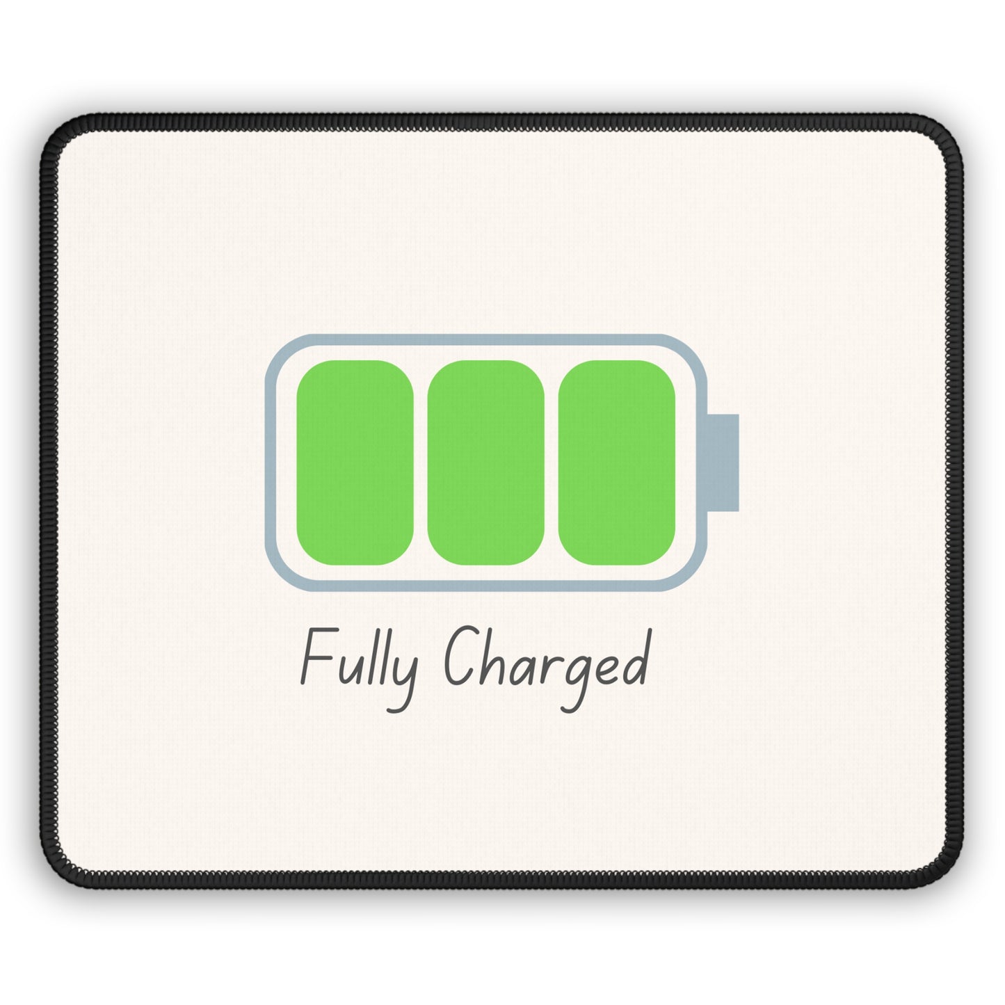 Printify fully charged gaming mouse pad featuring green full battery icon and script text on cream background