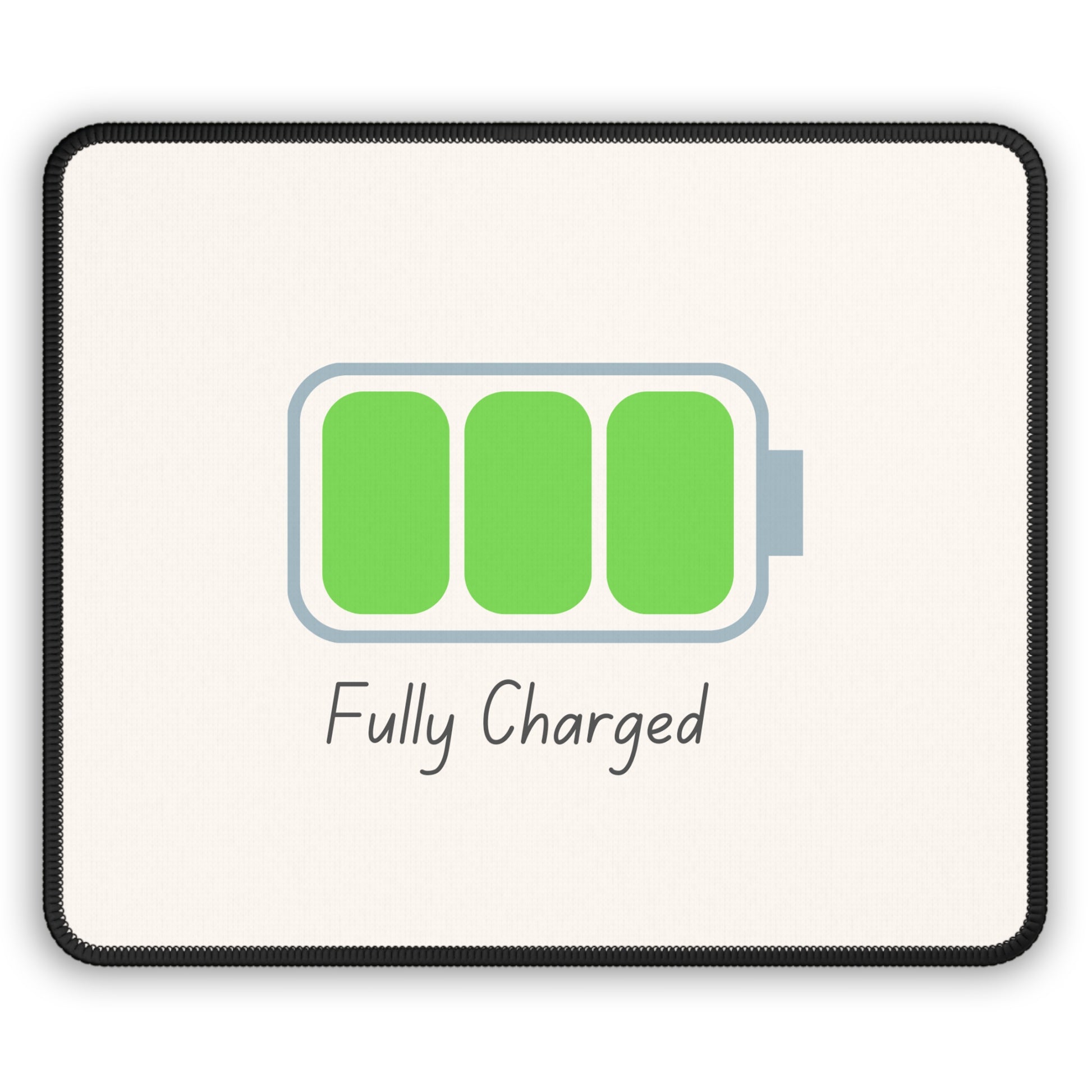 Printify fully charged gaming mouse pad featuring green full battery icon and script text on cream background