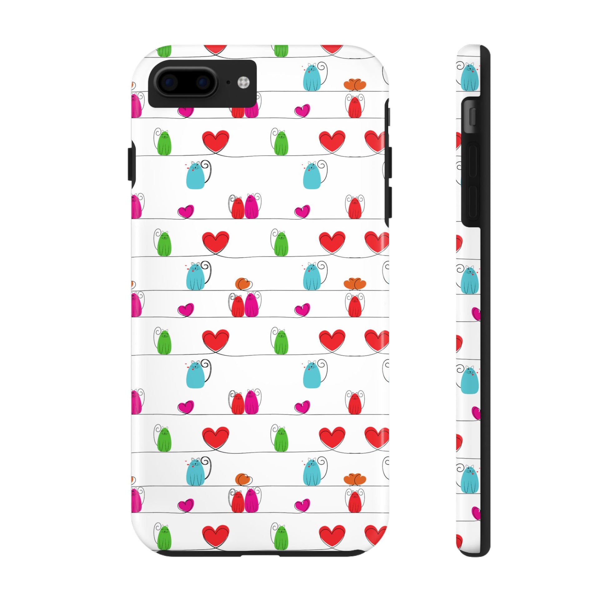 Whimsical Cat line art print phone cover featuring colorful cats and hearts on a white background. 