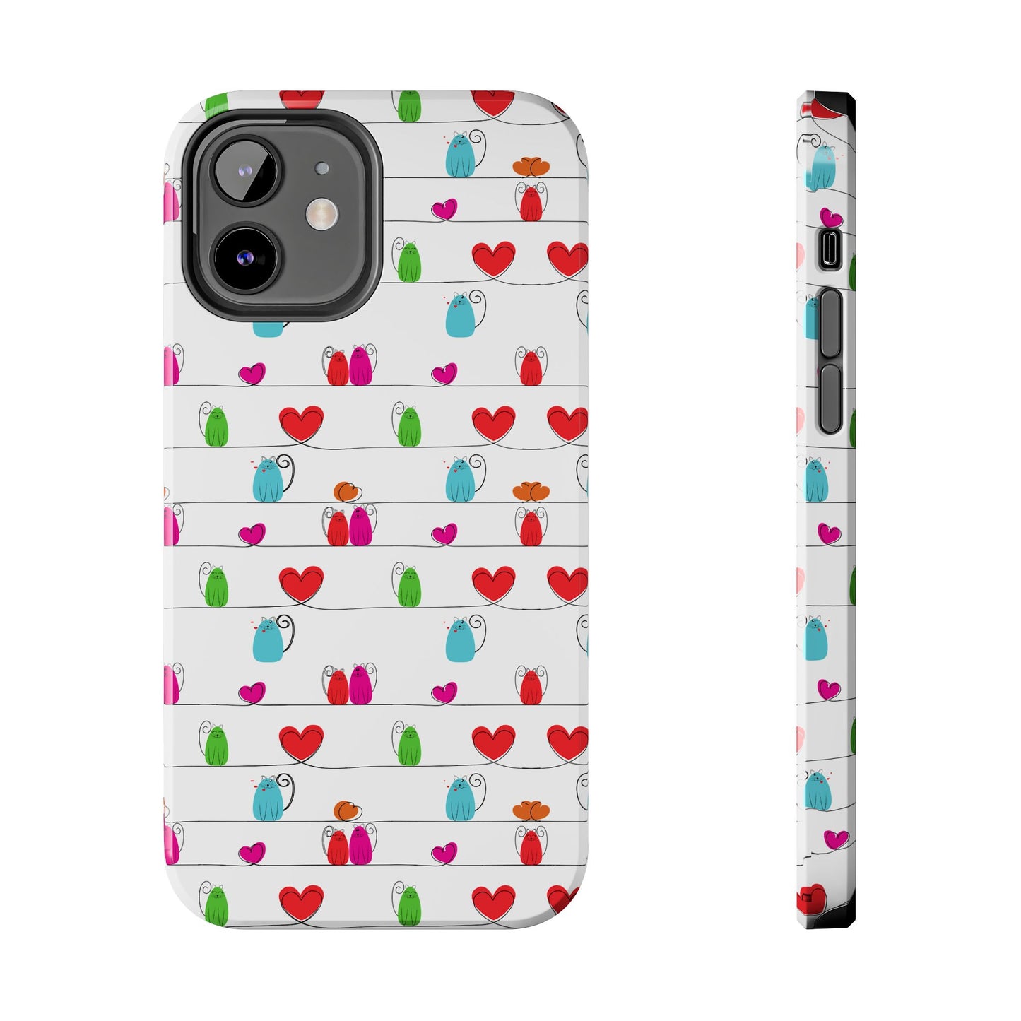 Whimsical cat print phone cover featuring colorful cats and hearts on a white background. Line art style. 