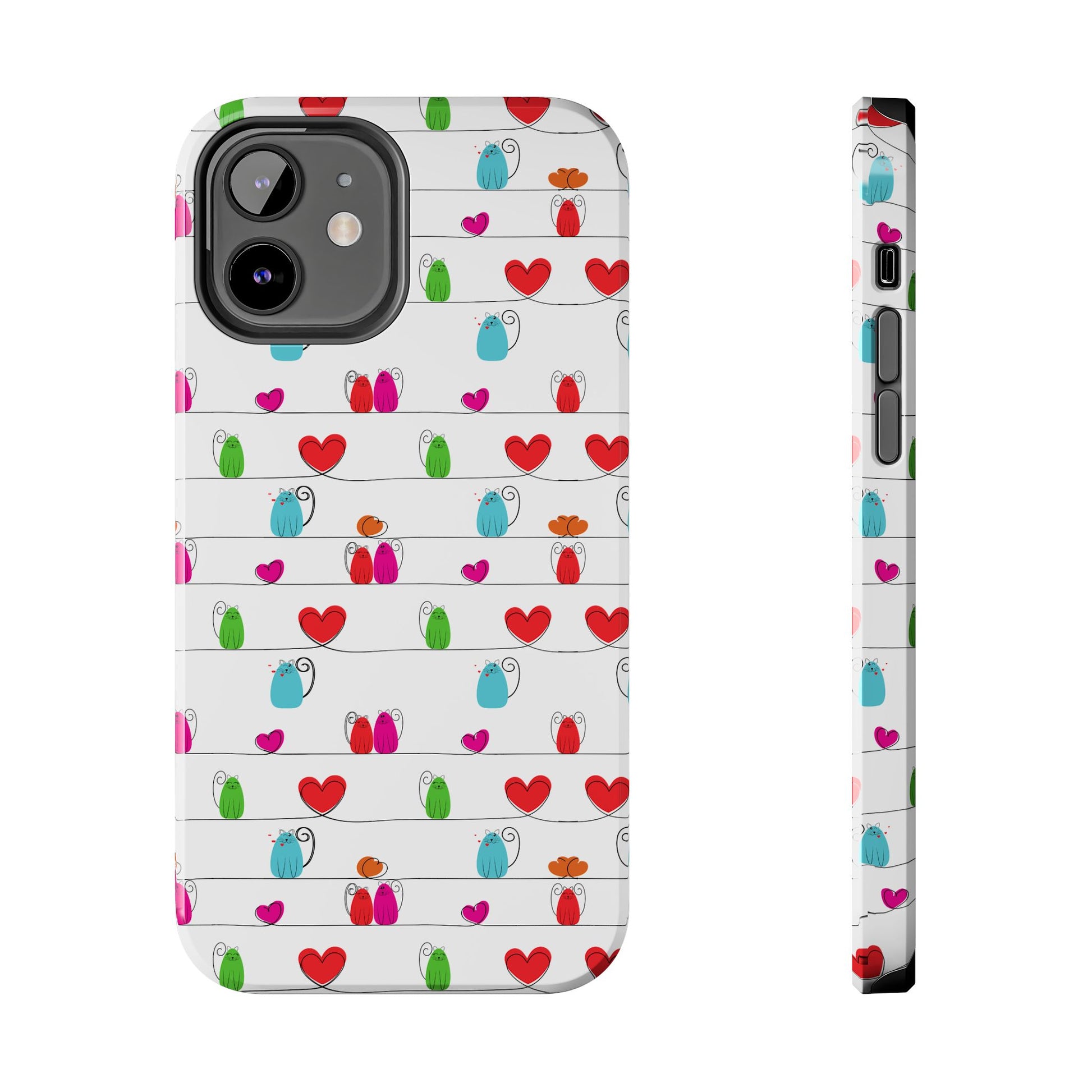 Whimsical cat print phone cover featuring colorful cats and hearts on a white background. Line art style. 