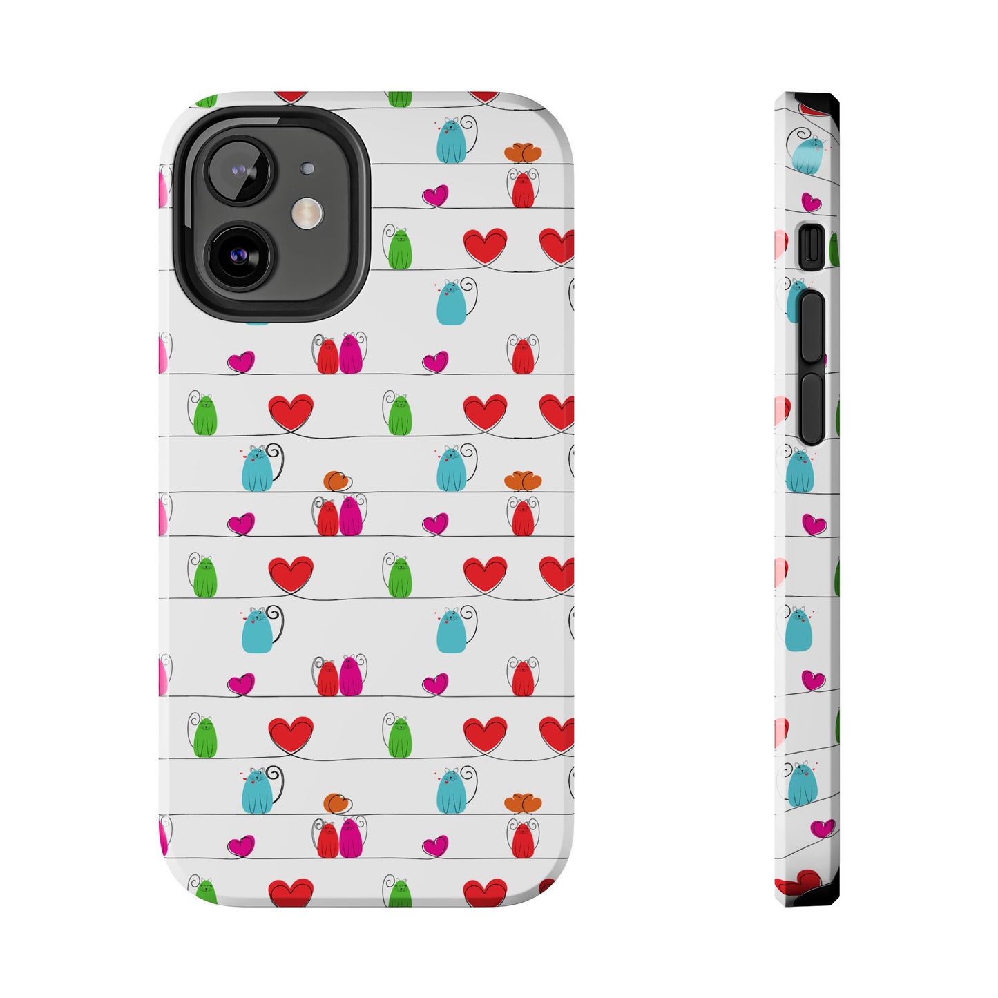 Whimsical cat print phone cover featuring colorful hearts and cats playful designs on a white background