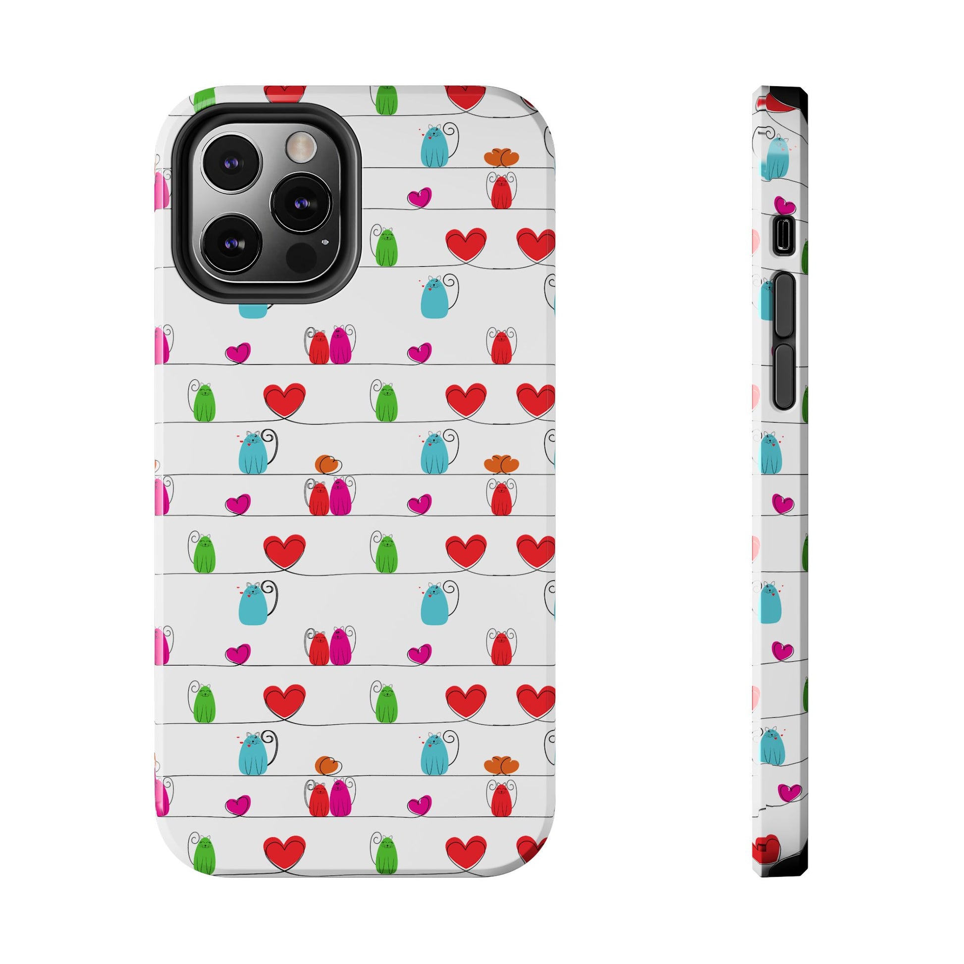 Whimsical cat print phone cover featuring a colorful design with hearts and cute cats