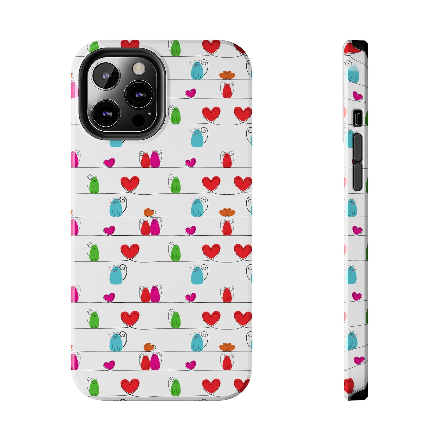 Whimsical cat print phone cover featuring colorful cats and hearts on a light background