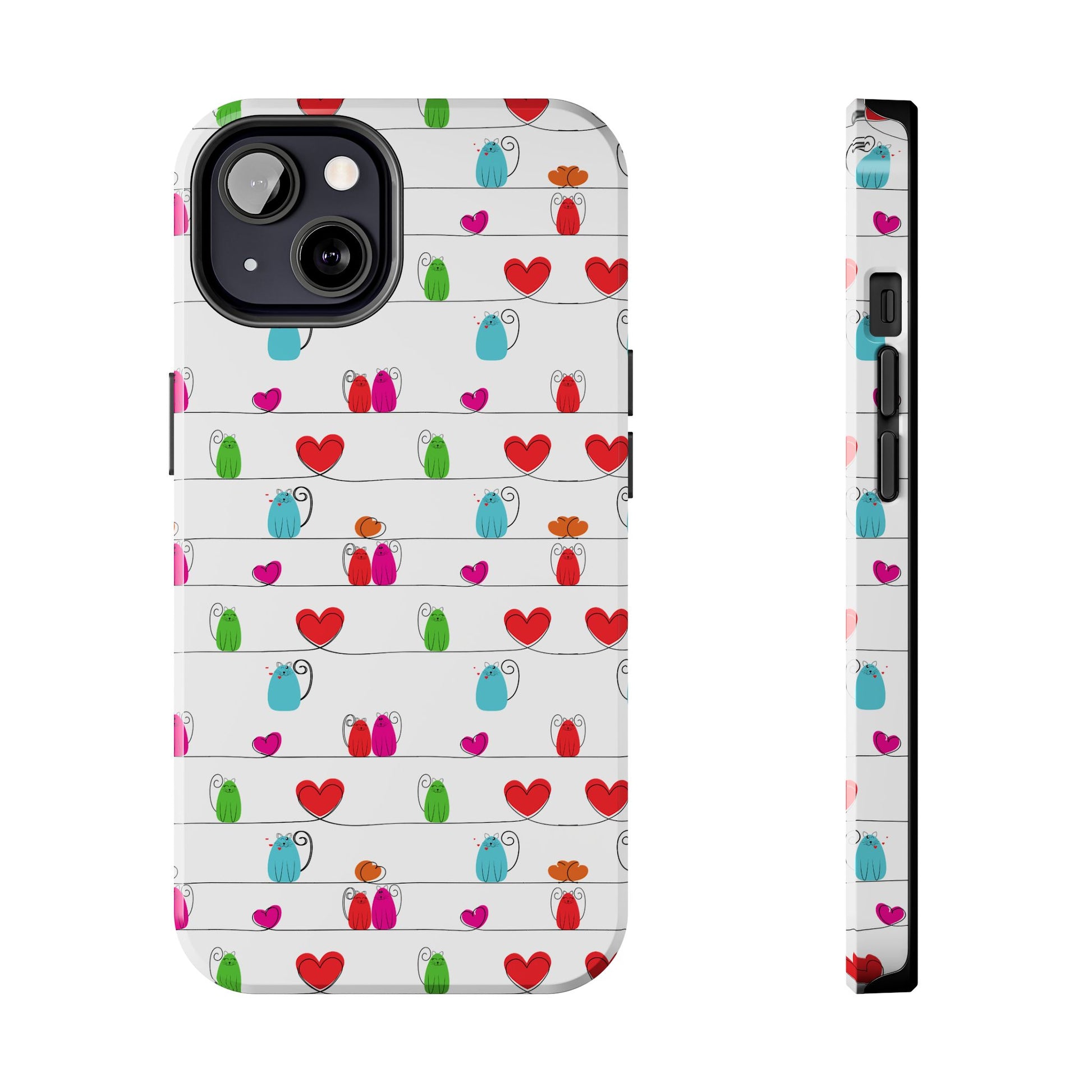 Whimsical cat print phone cover featuring colorful cats and hearts on a white background