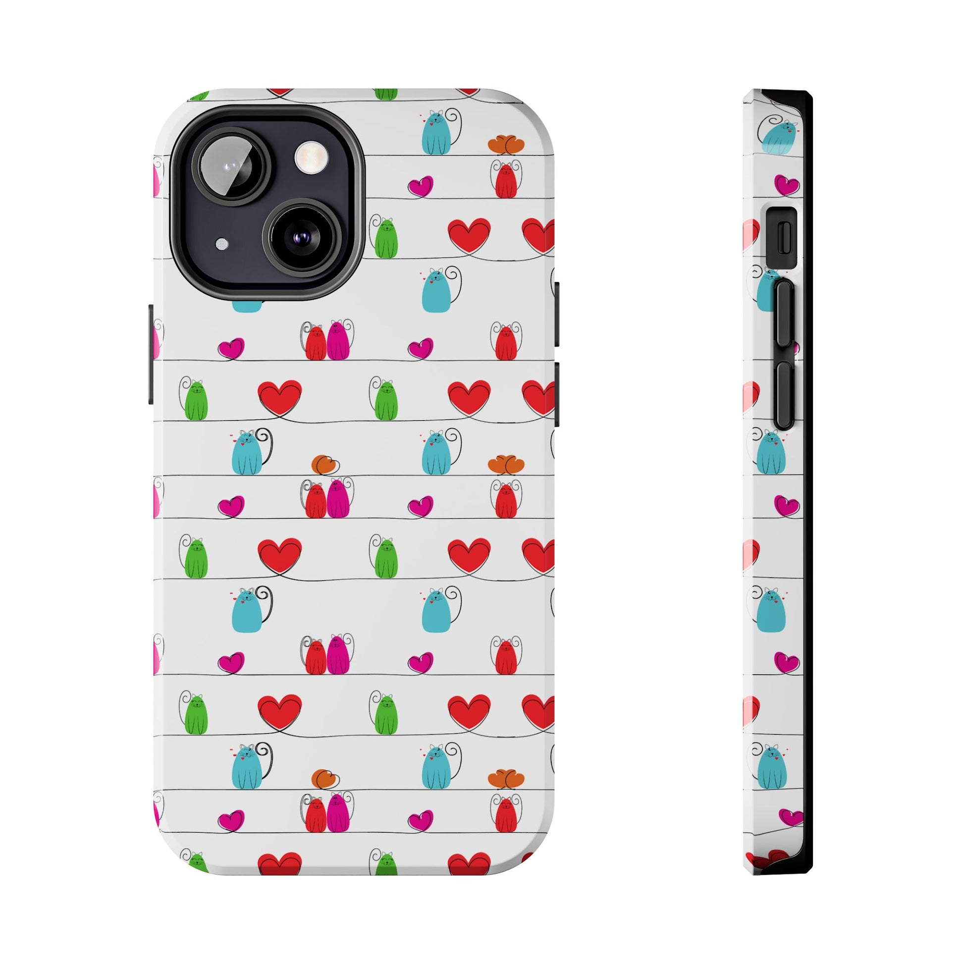 Whimsical cat print phone cover with colorful cats and hearts pattern for a fun and stylish look