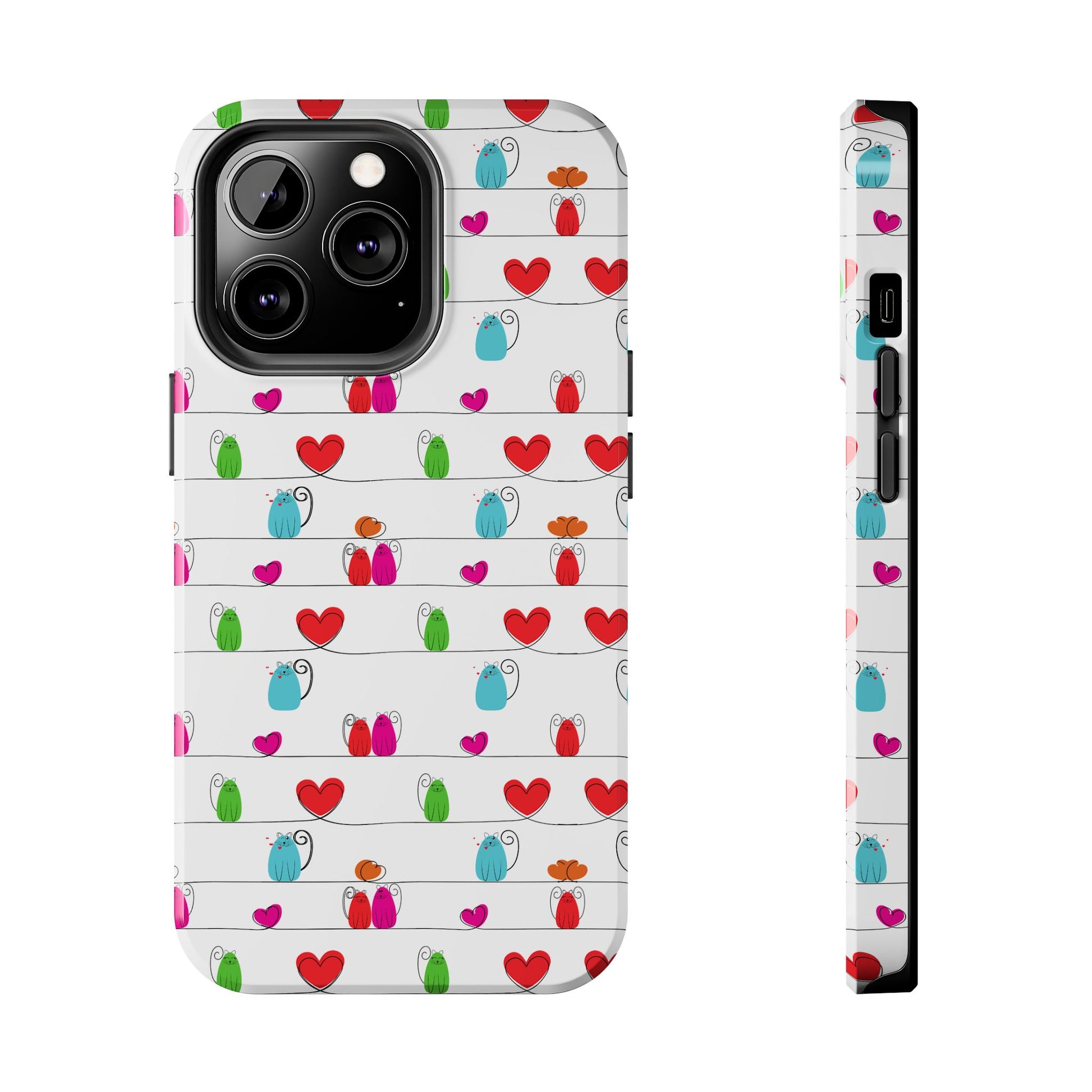 Whimsical cat print phone cover with colorful patterns of cats and hearts on a white background