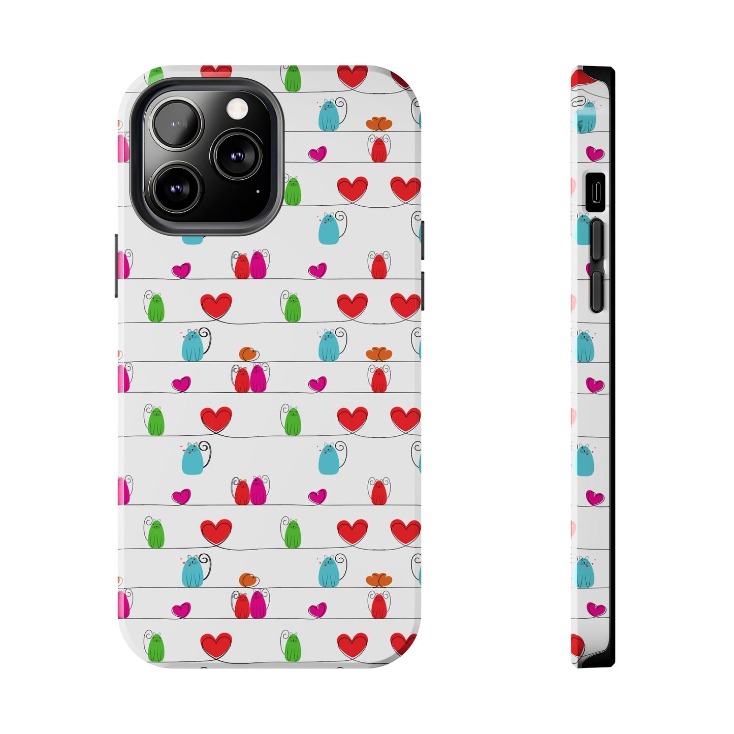 Whimsical cat print phone cover featuring colorful cats and hearts on a white background.