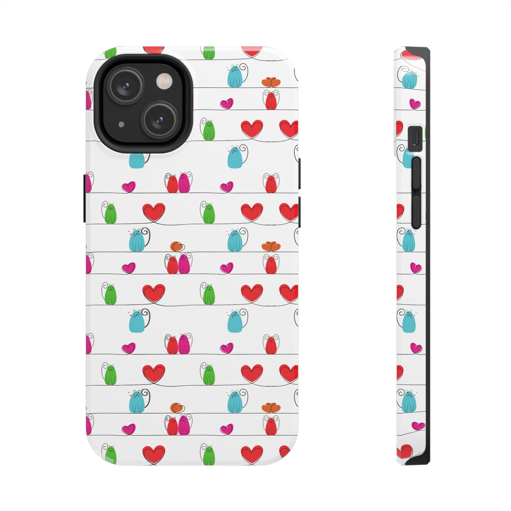 Whimsical cat print phone cover featuring colorful cats and hearts on a white background 