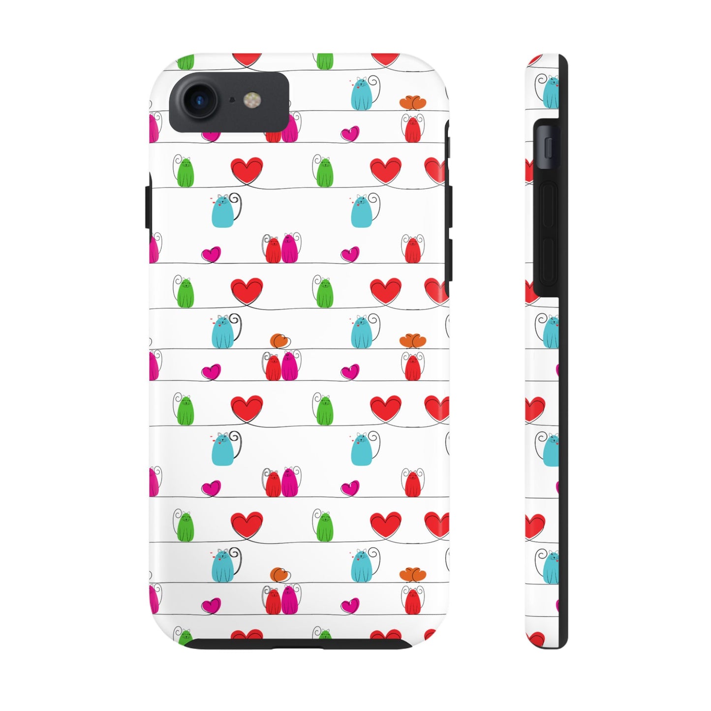 Whimsical cat print phone cover featuring colorful cats and hearts for a fun and stylish look