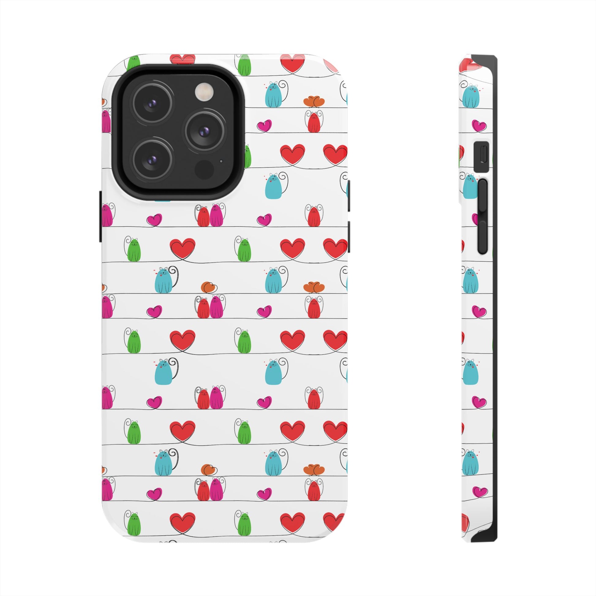 Whimsical cat line art print phone cover featuring colorful cats and hearts on a white background