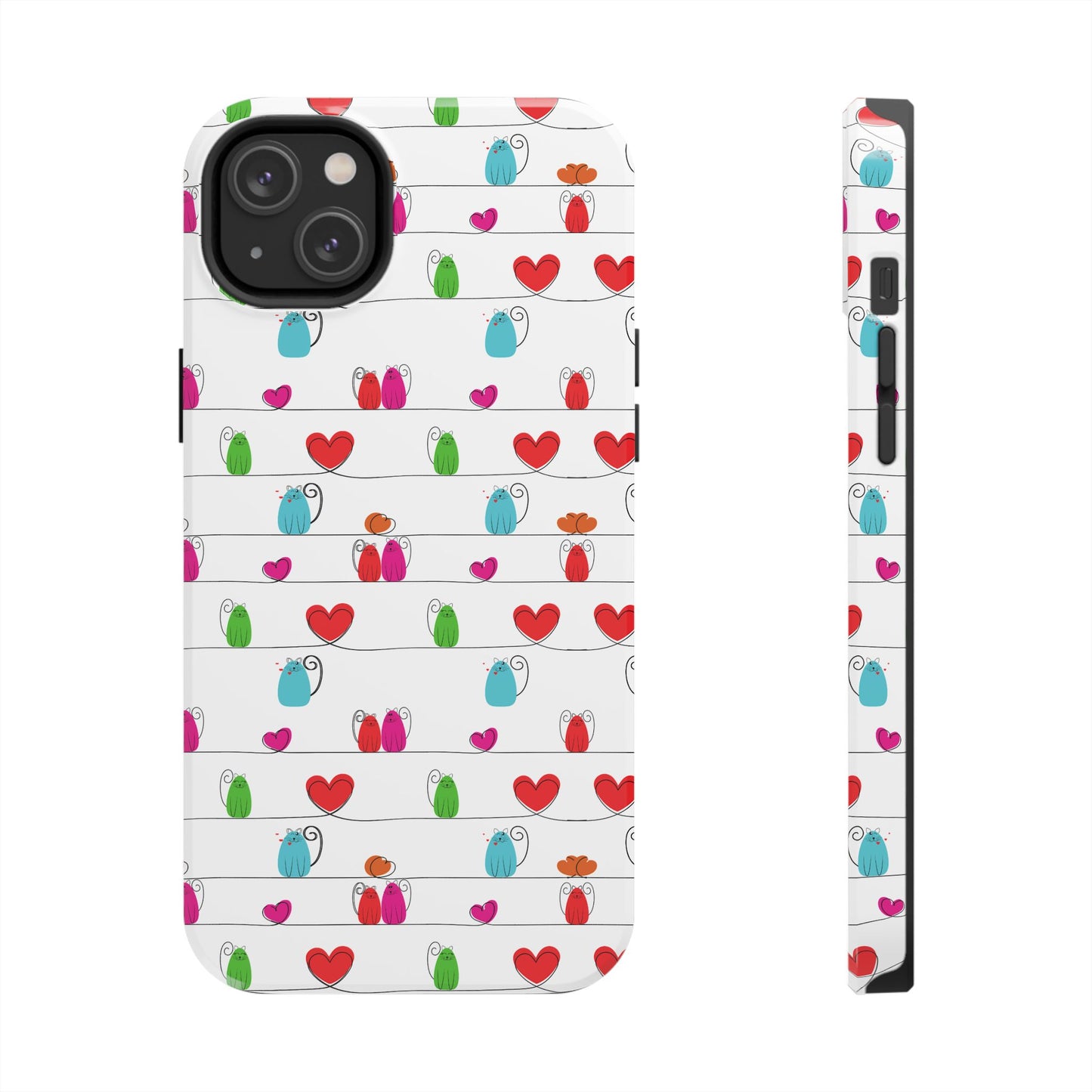 Whimsical cat print phone cover featuring colorful cats and colorful hearts on a white background