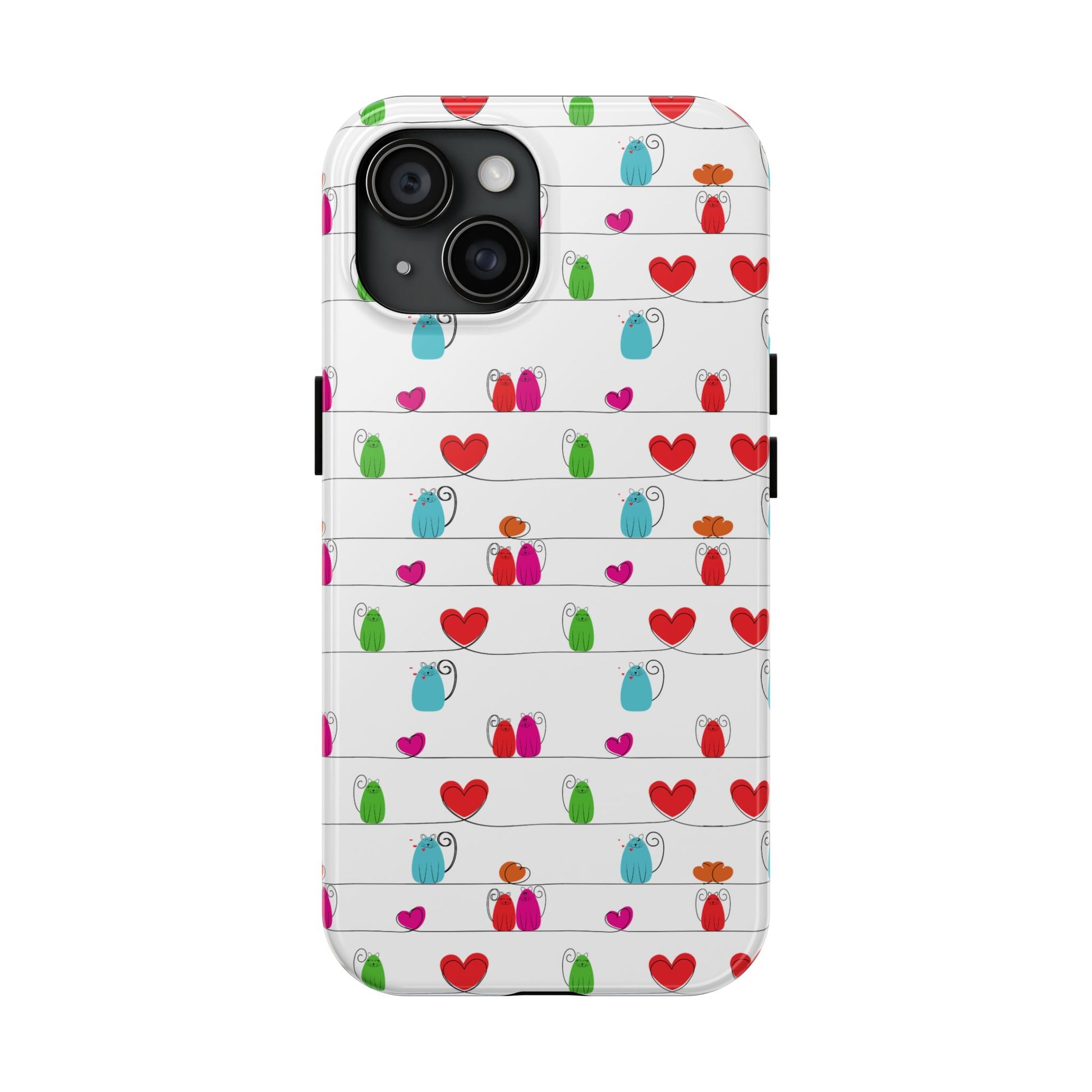 Whimsical cat print phone cover featuring colorful patterns of cats and hearts
