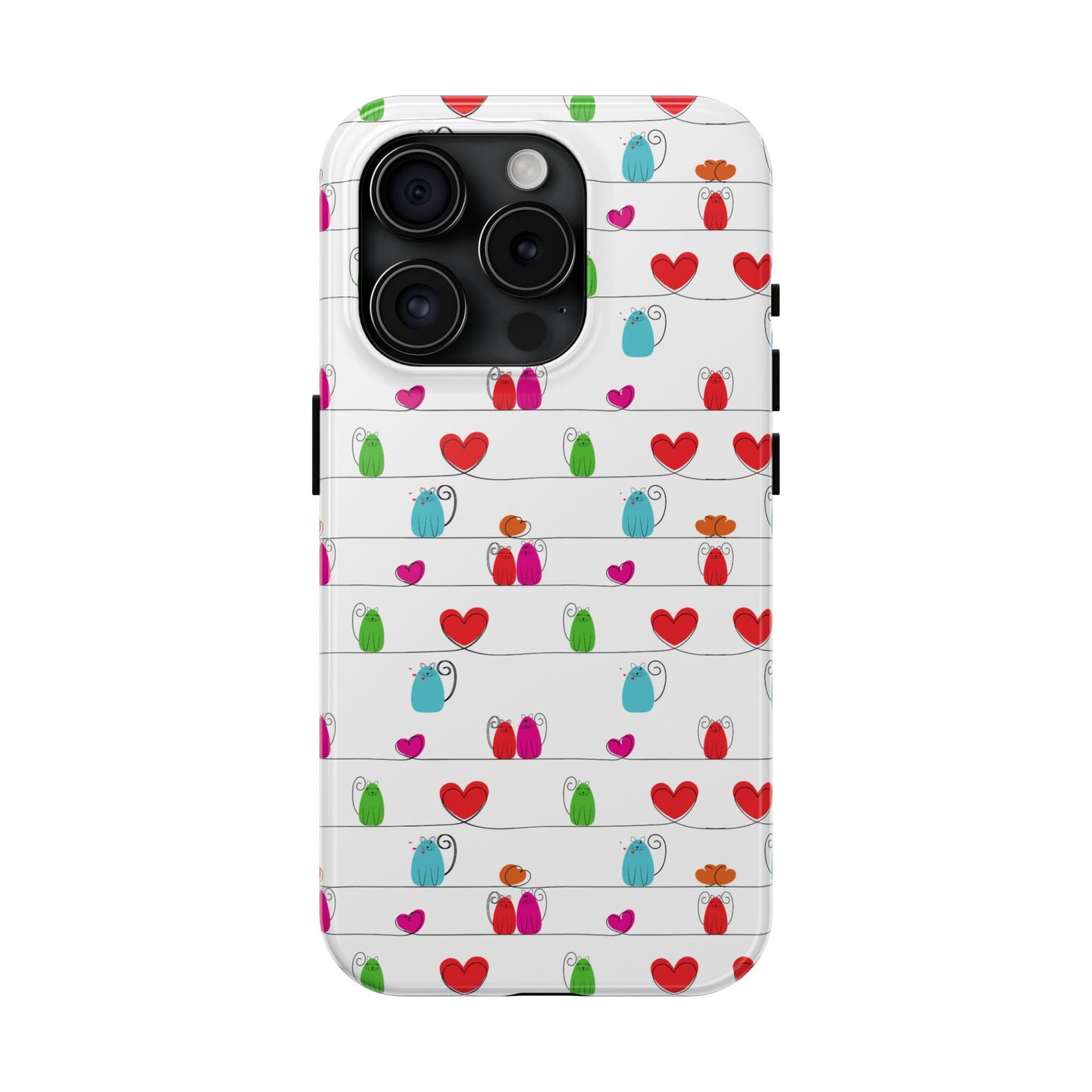 Whimsical cat line art print phone cover featuring colorful cats and hearts on a white background.