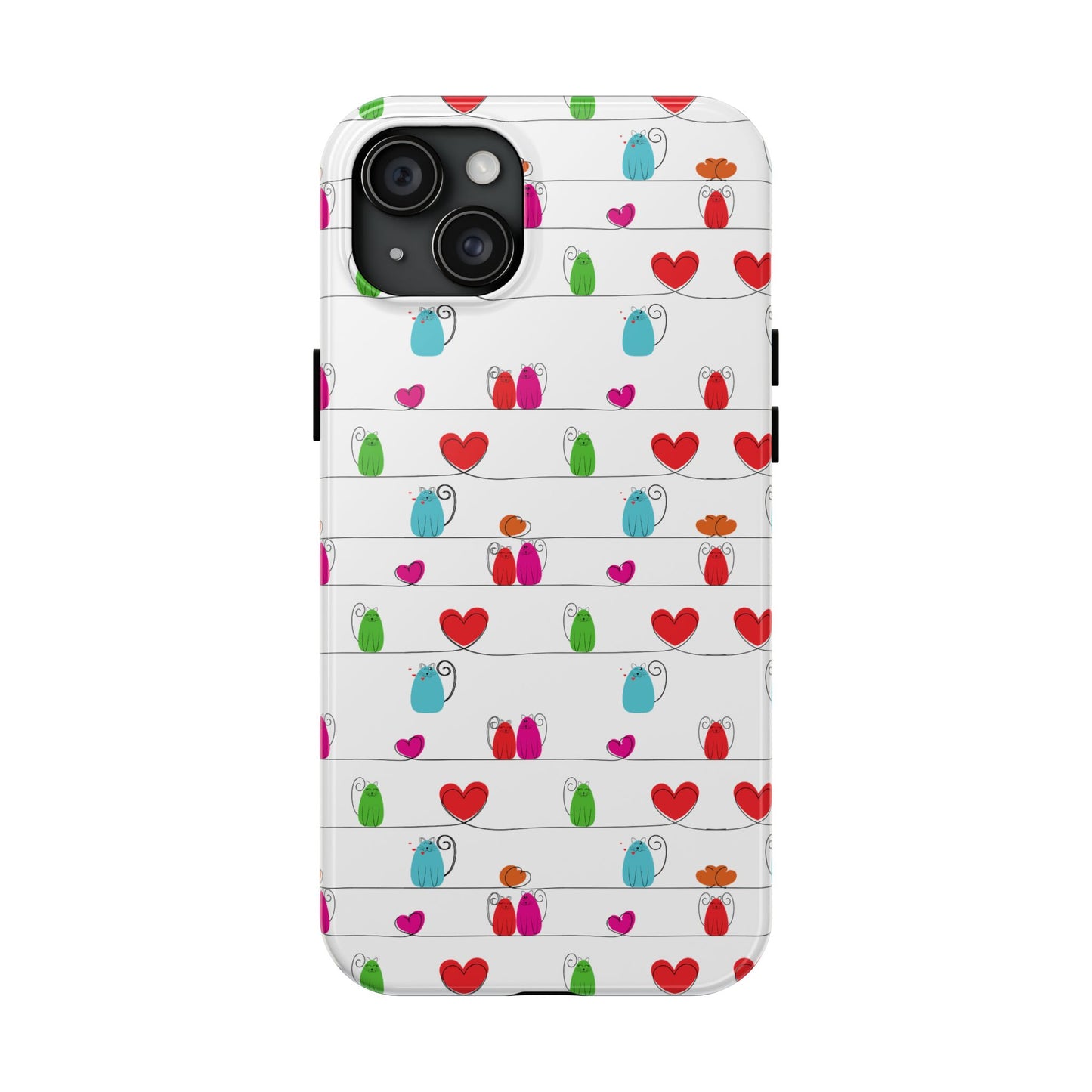 Whimsical cat print phone cover featuring colorful cat designs and playful hearts
