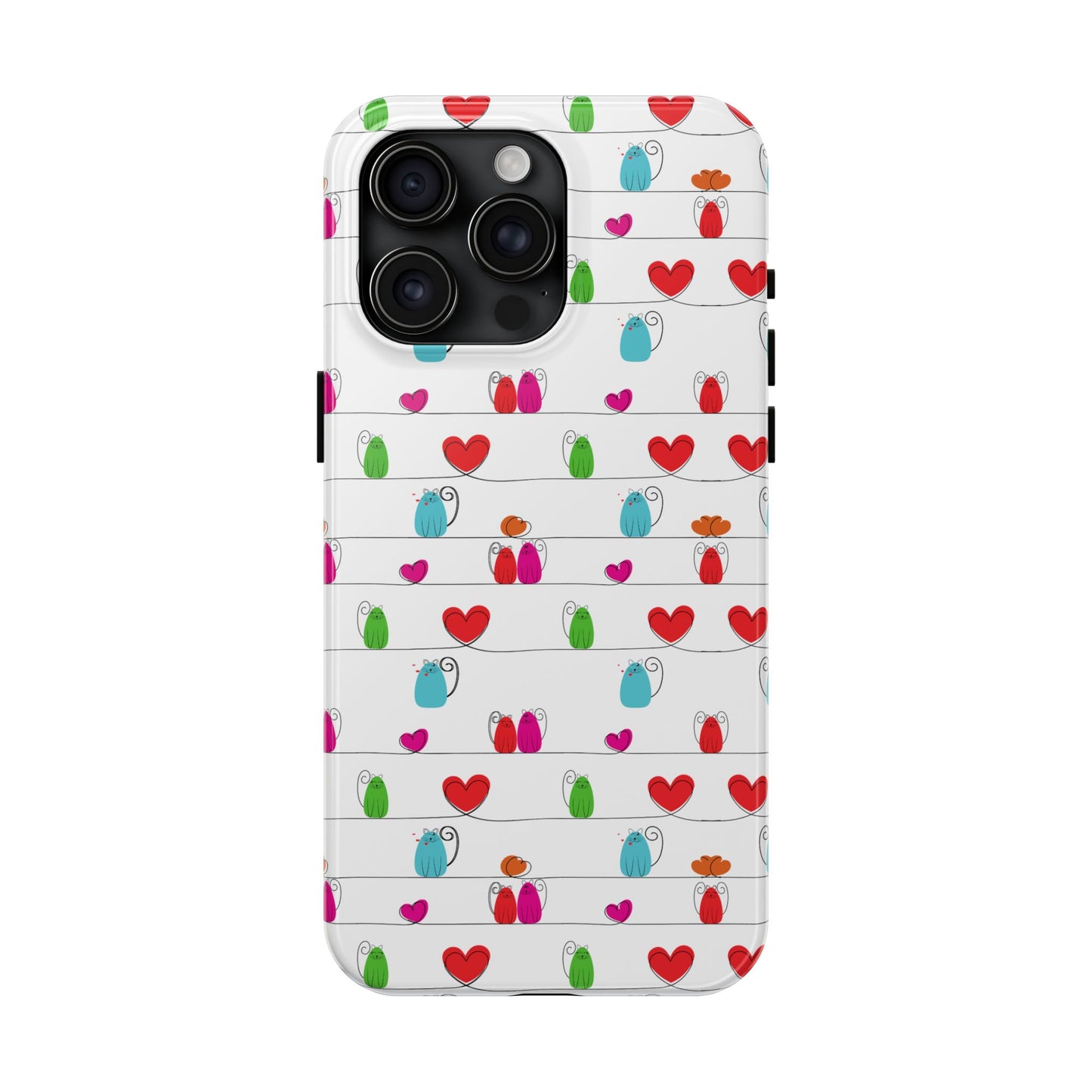 Whimsical cat line art print phone cover featuring colorful cats and hearts on a white background 