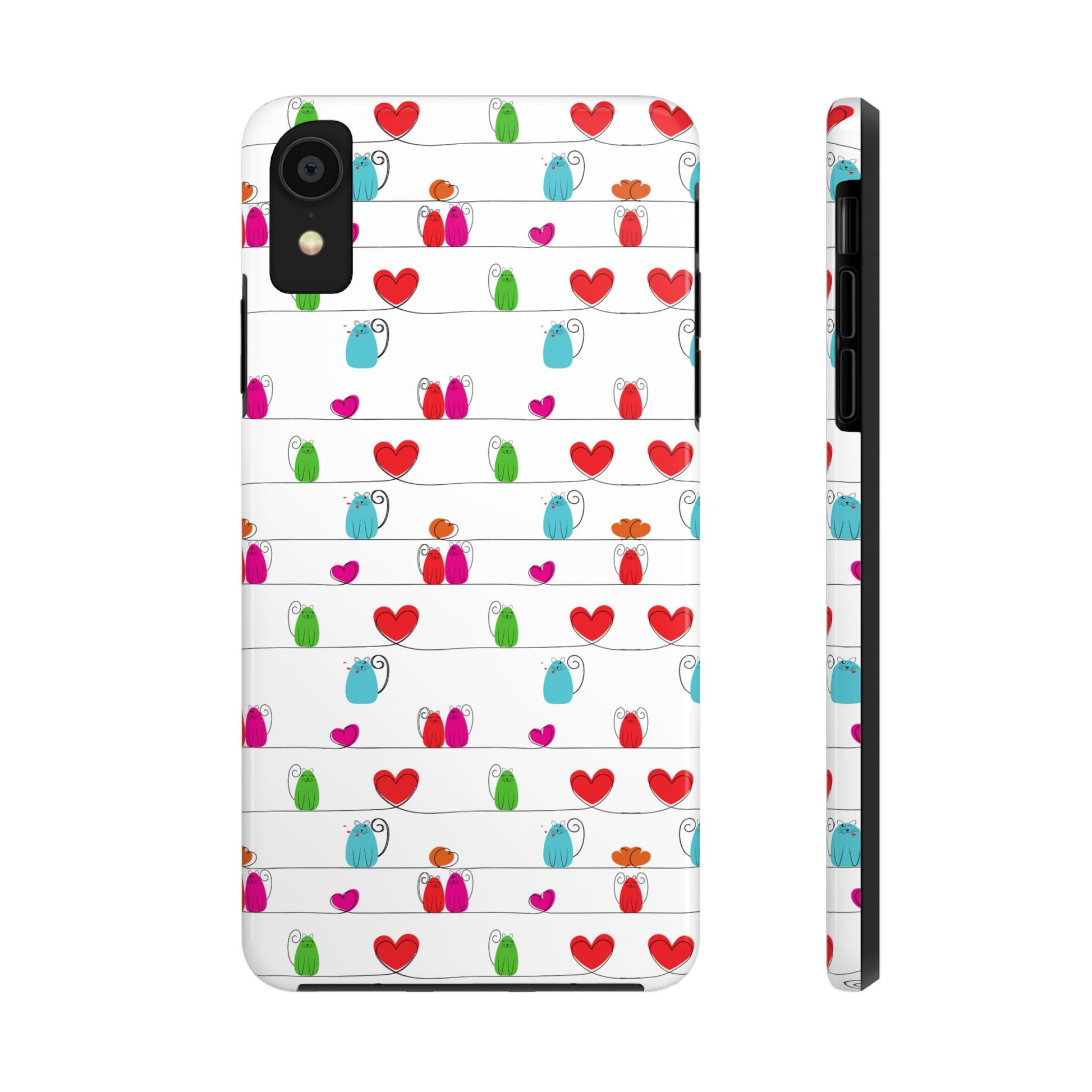 Whimsical cat print phone cover featuring colorful cute cats cand hearts on a white background. 