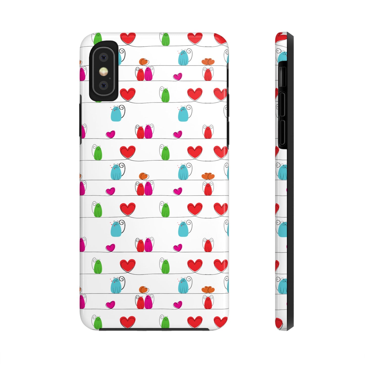 Whimsical cat print phone cover featuring colorful hearts and playful cats on a white background