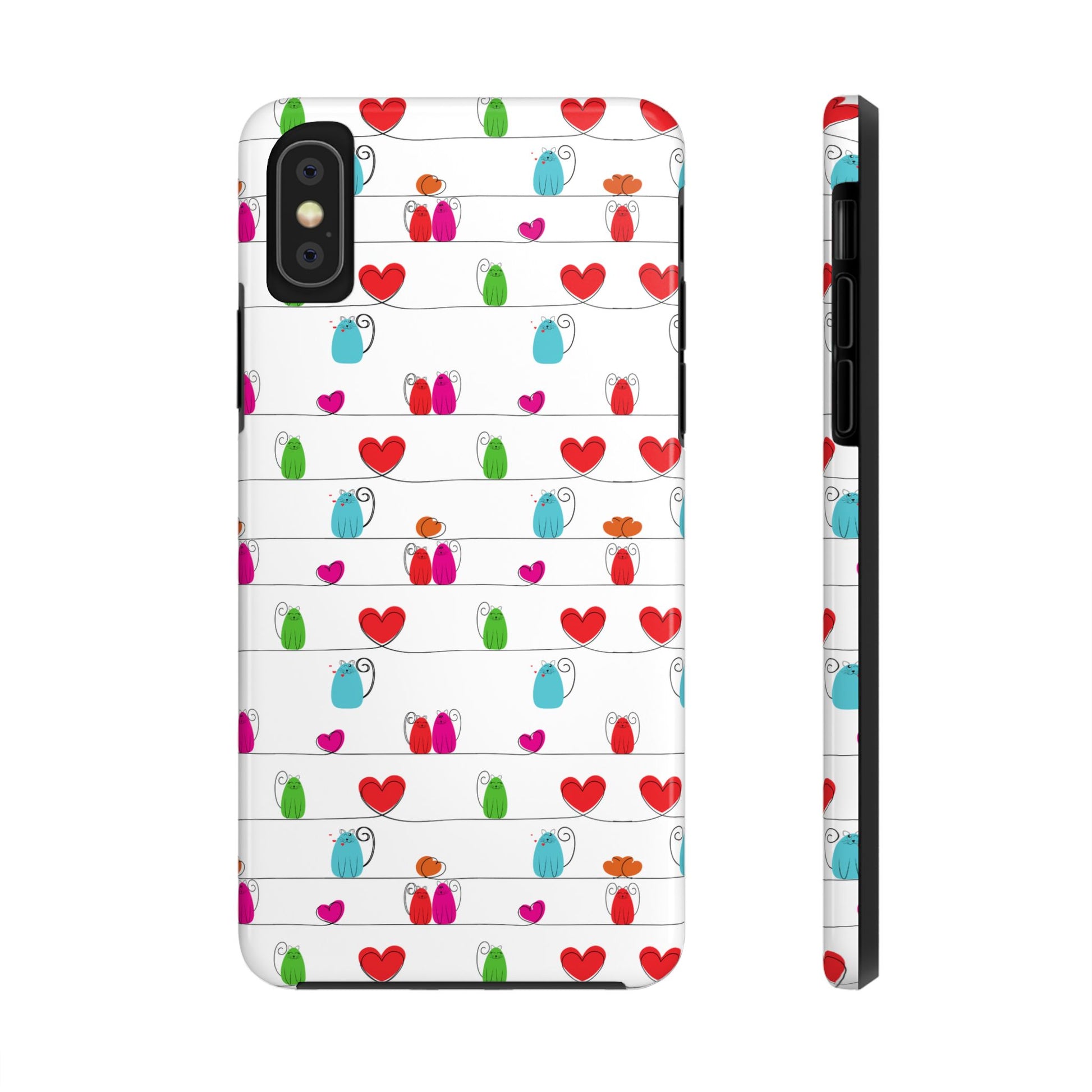 Whimsical cat print phone cover featuring colorful hearts and playful cats on a white background