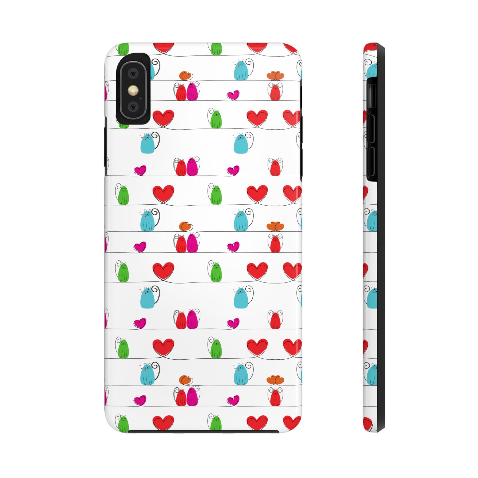 Whimsical cat print phone cover featuring colorful hearts and cats in a playful design on a light background