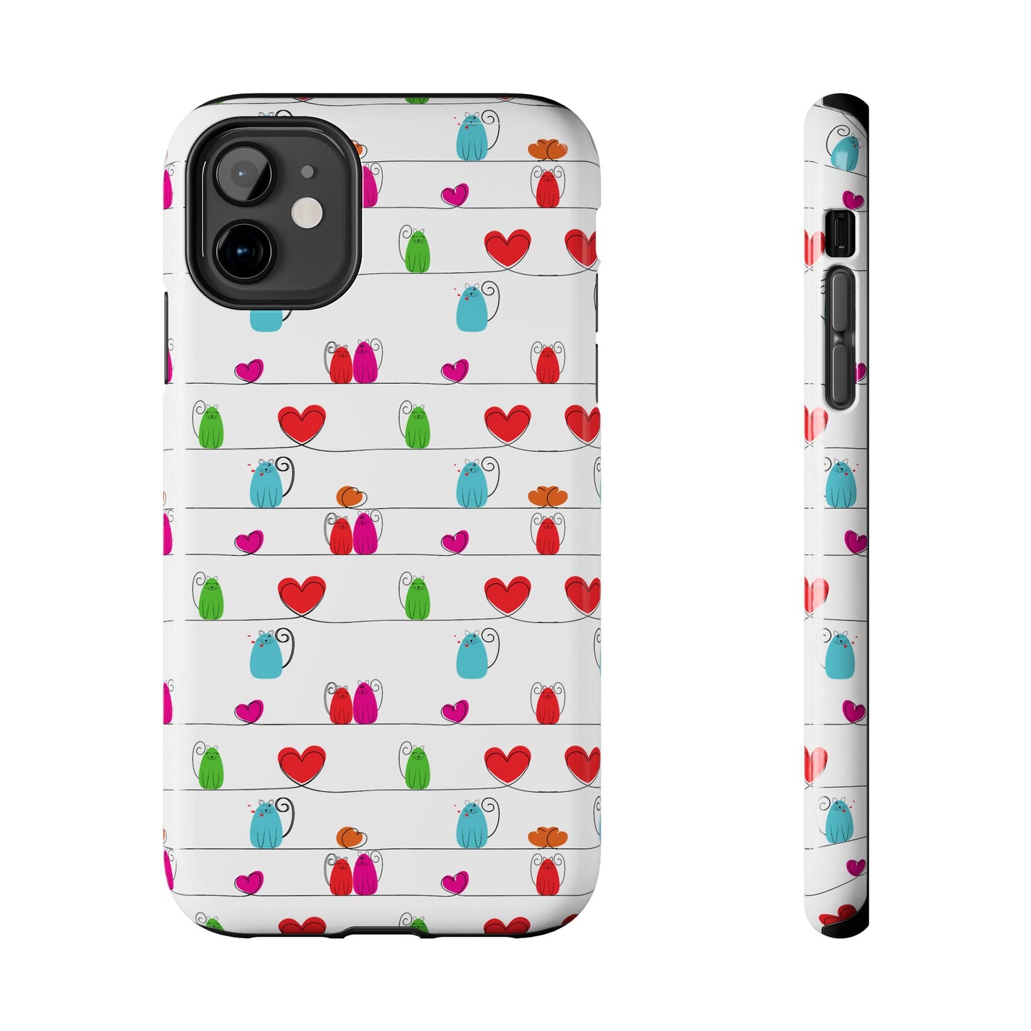 Whimsical cat print phone cover featuring colorful cats and hearts on a white background. Line art. 
