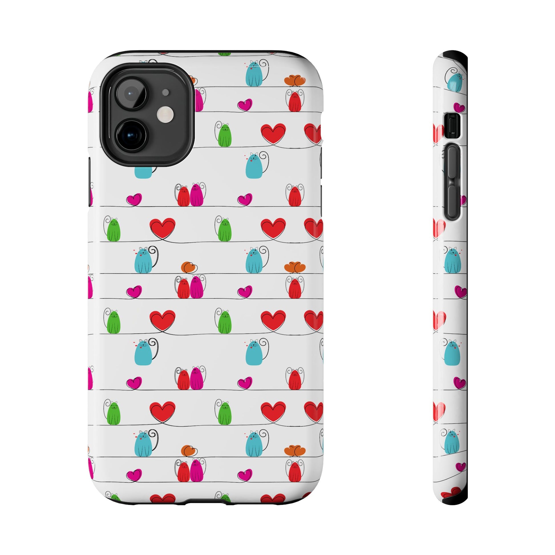 Whimsical cat print phone cover featuring colorful cats and hearts on a white background. Line art. 