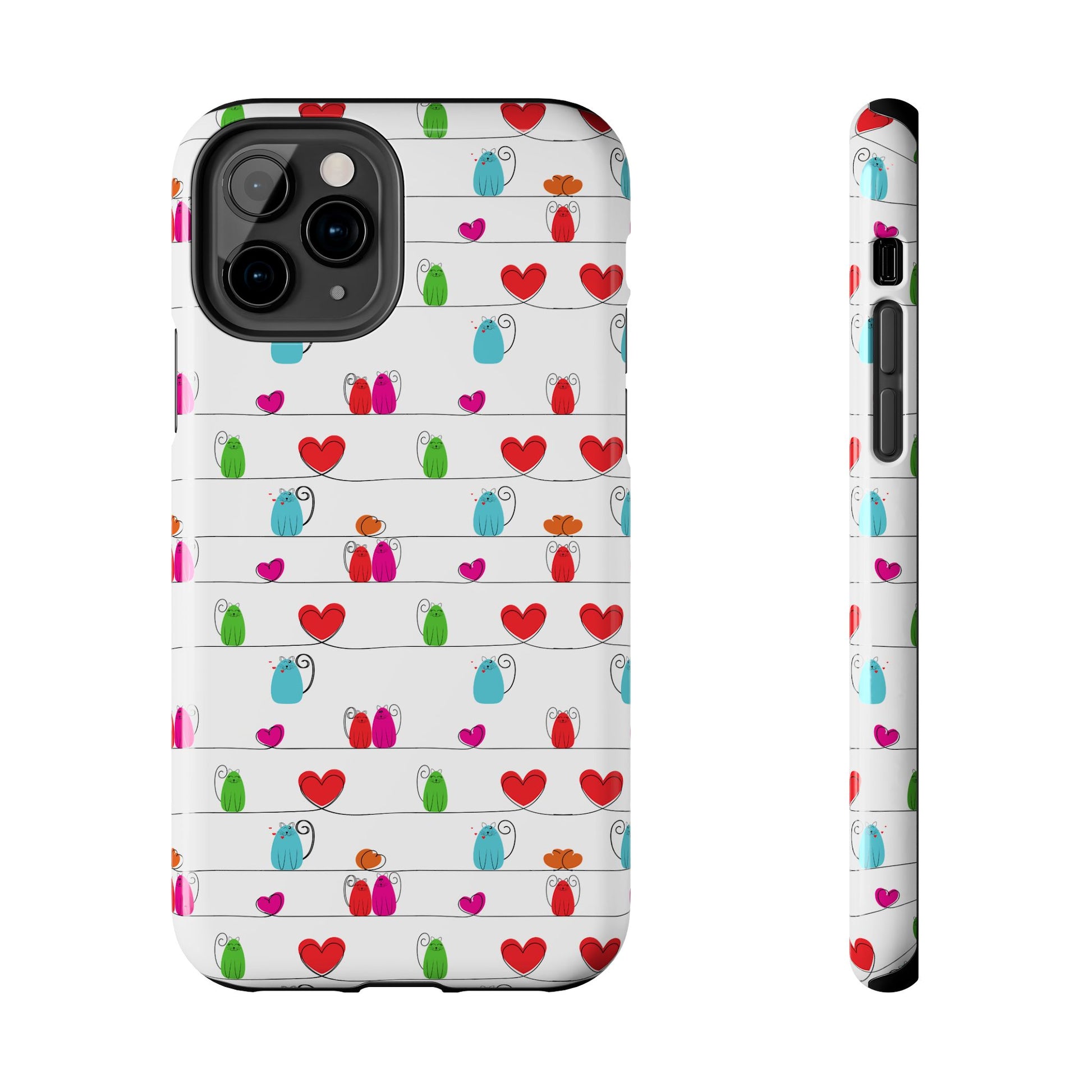 Whimsical cat print phone cover featuring colorful cats and hearts on a white background. Line art 