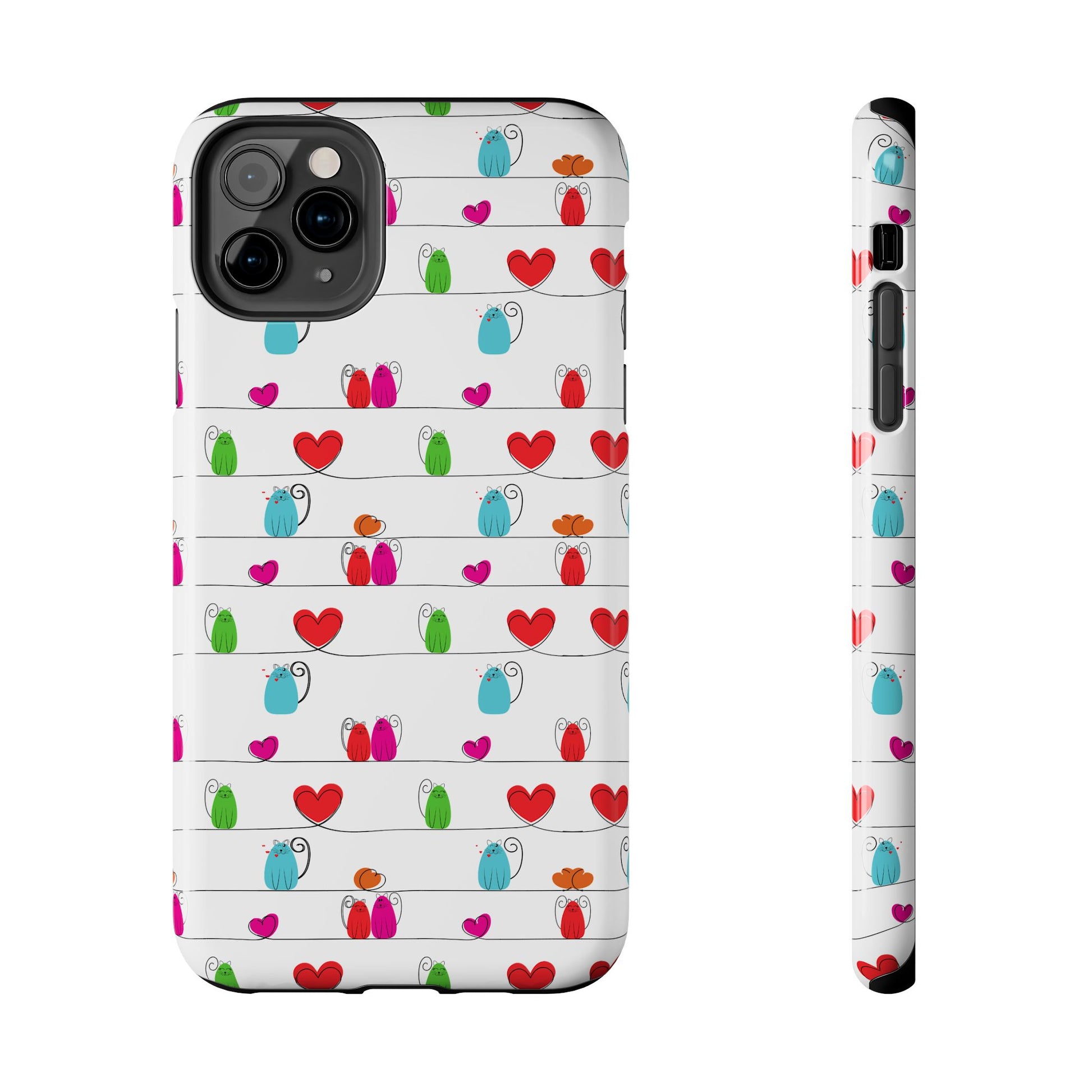Whimsical cat print phone cover featuring colorful cats and hearts on a white background. Line art style 